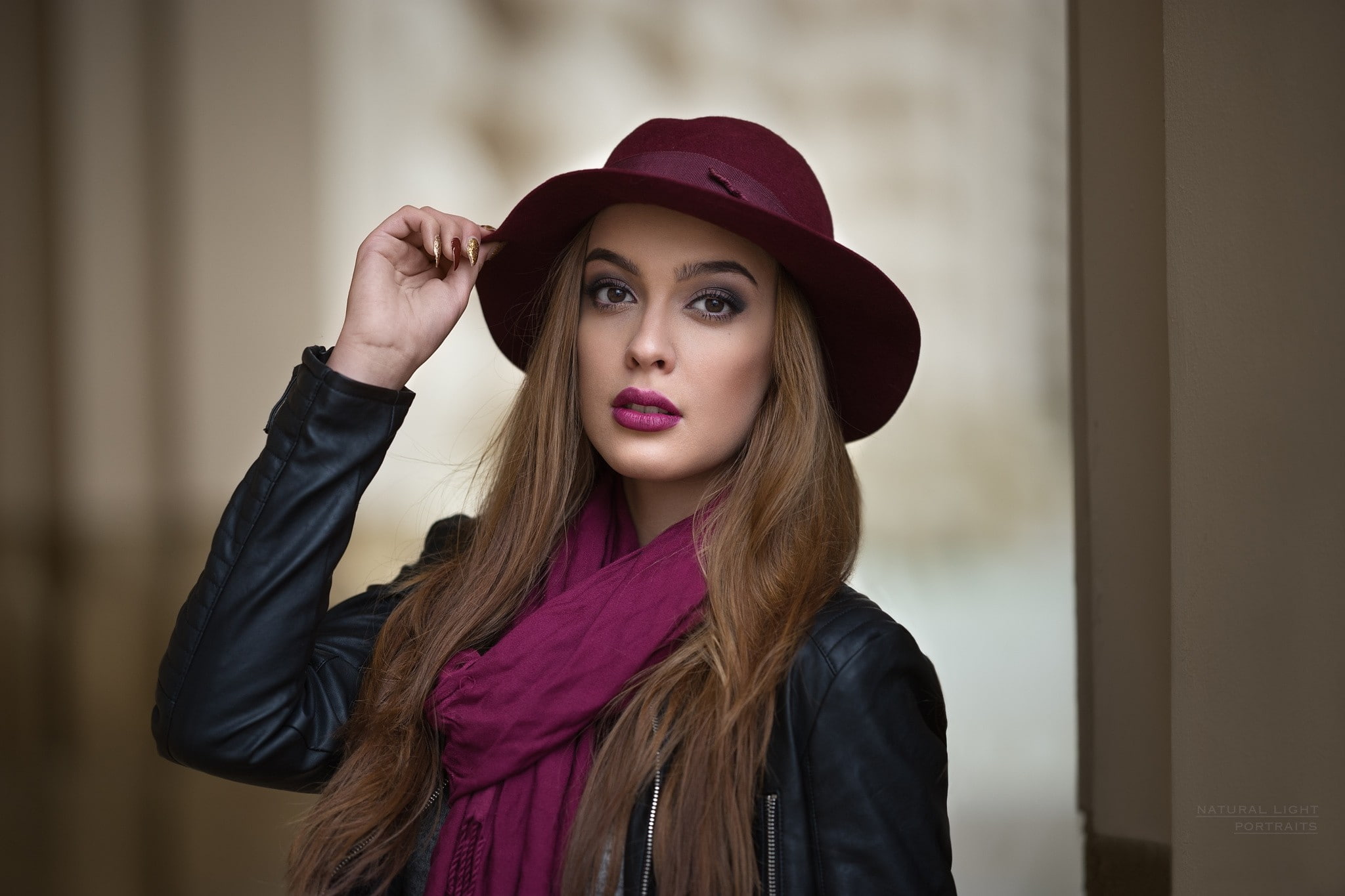 brown eyes, women, portrait, hat, auburn hair, leather jackets, 1080P, long hair, Robert Chrenka, makeup, millinery, scarf, HD Wallpaper