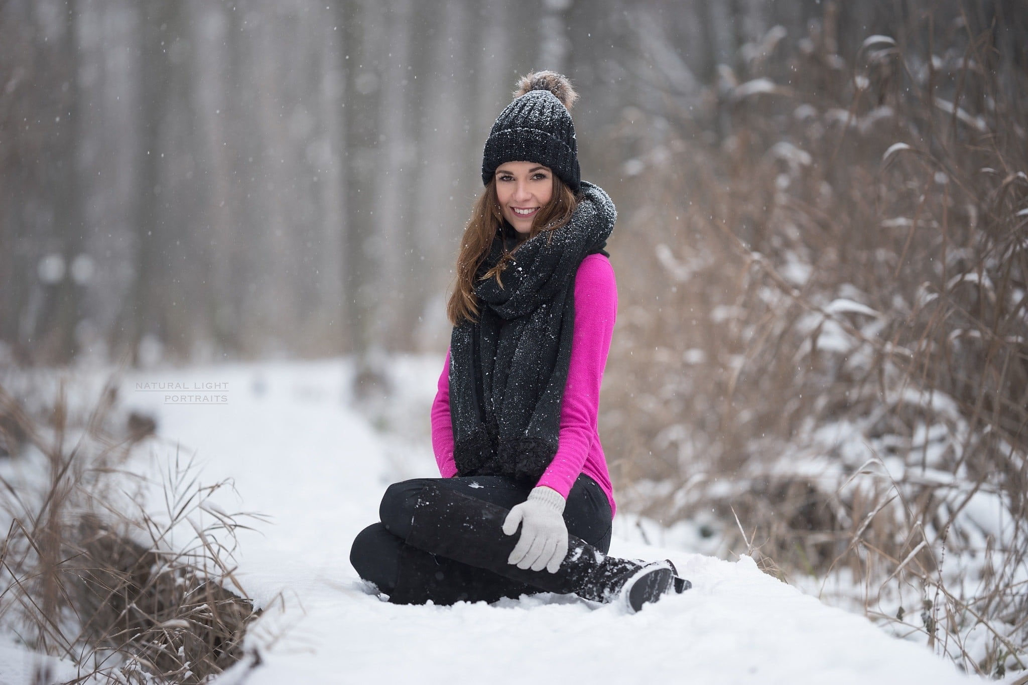 pink sweater, hat, snow, depth of field, extreme weather, looking at viewer, outdoors, adult, child, hairstyle, 1080P, clothing, sitting, vacations, Robert Chrenka, HD Wallpaper