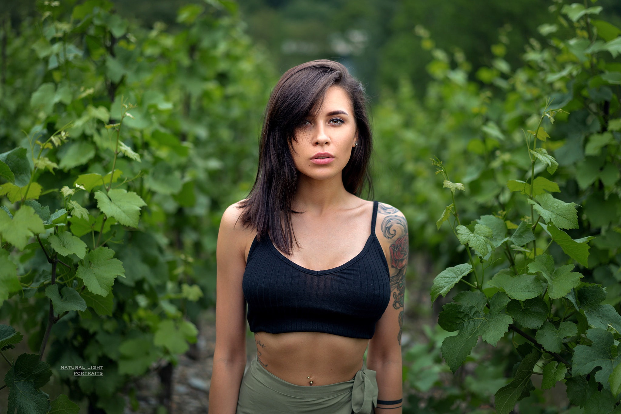 model, topic, portrait, tattoo, beauty, makeup, piercing, look, hairstyle, Maria, the bushes, skirt, Robert Chrenka, nature, greens, 1080P, bokeh, leaves, HD Wallpaper