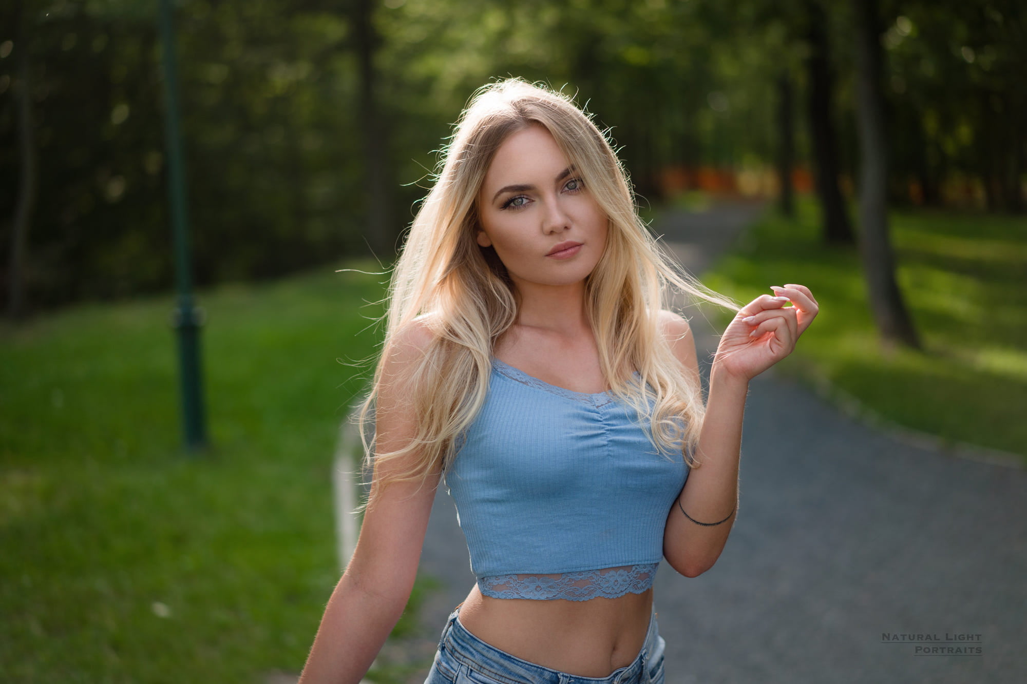 women outdoors, trees, blonde, belly, Robert Chrenka, portrait, long hair, 1080P, women, HD Wallpaper