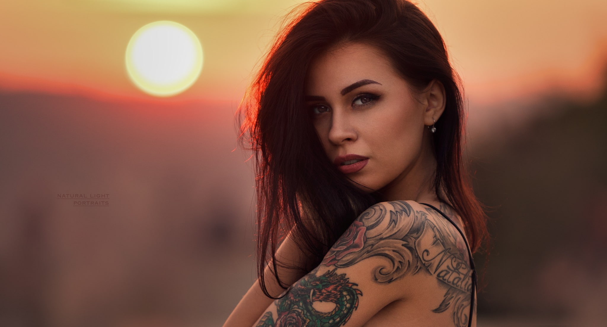 sunset, 1080P, face, portrait, women, tattoo, Robert Chrenka, depth of field, HD Wallpaper