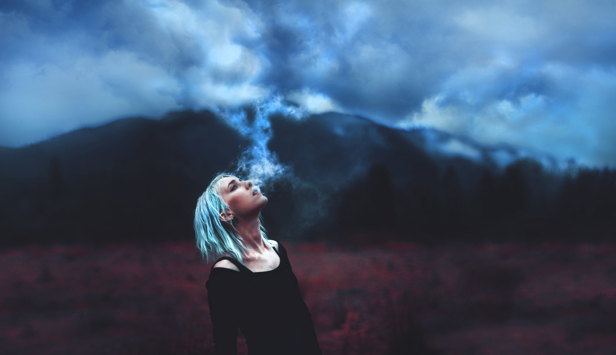 young adult, women, smoke, hairstyle, casual clothing, adult, model, 500px, hair, standing, cloud - sky, looking, environment, mountain, contemplation, HD Wallpaper