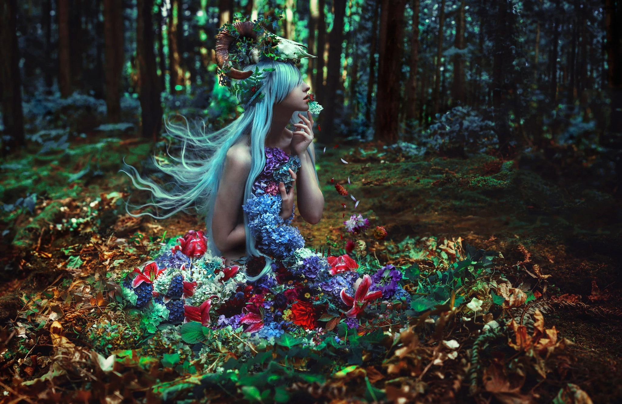 Kindra Nikole, fantasy girl, model, nature, flowers, women, colorful, 1080P, HD Wallpaper