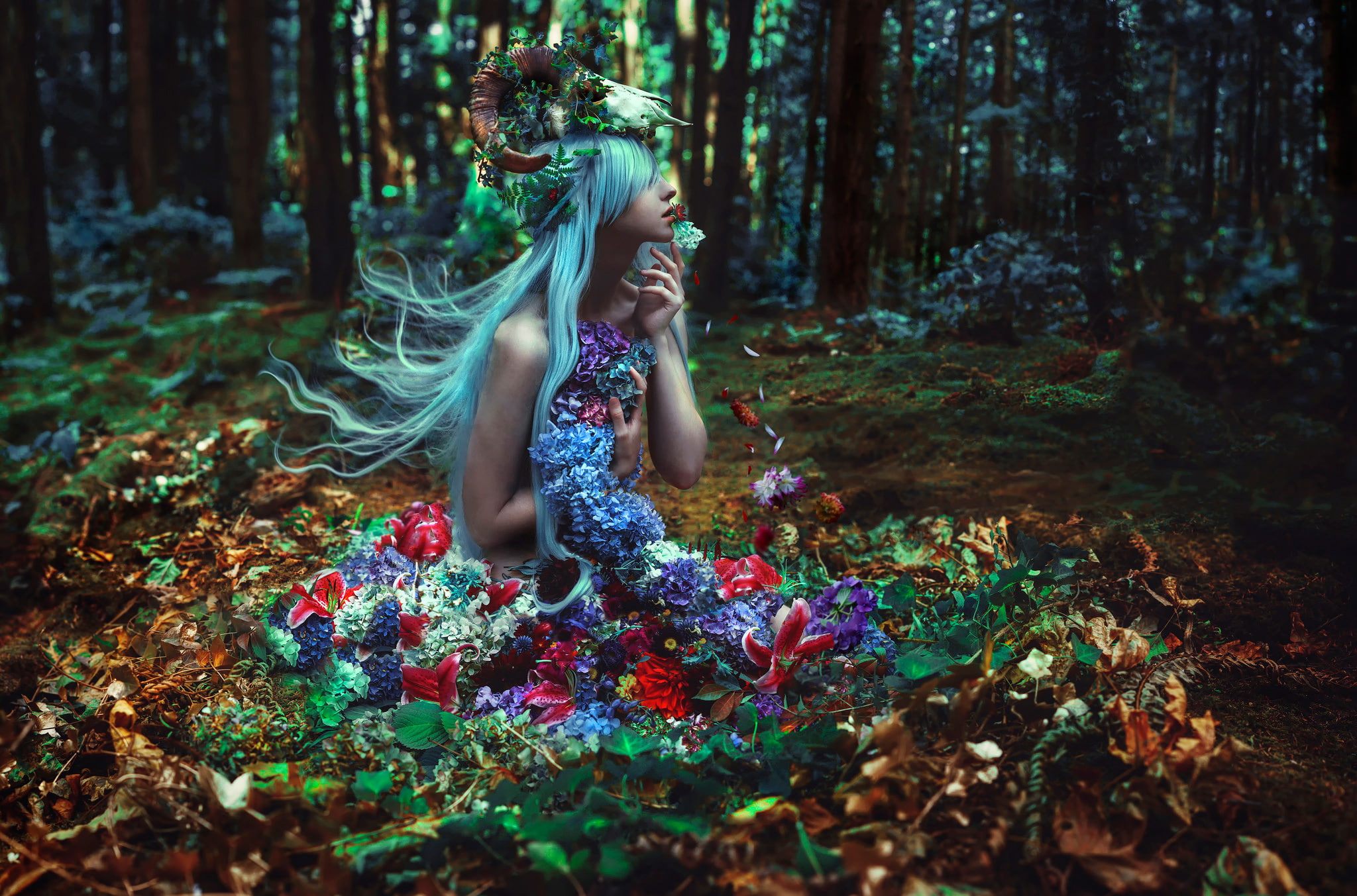 flowers, Of Withering Abundance, Kindra Nikole, forest, girl, 1080P, HD Wallpaper