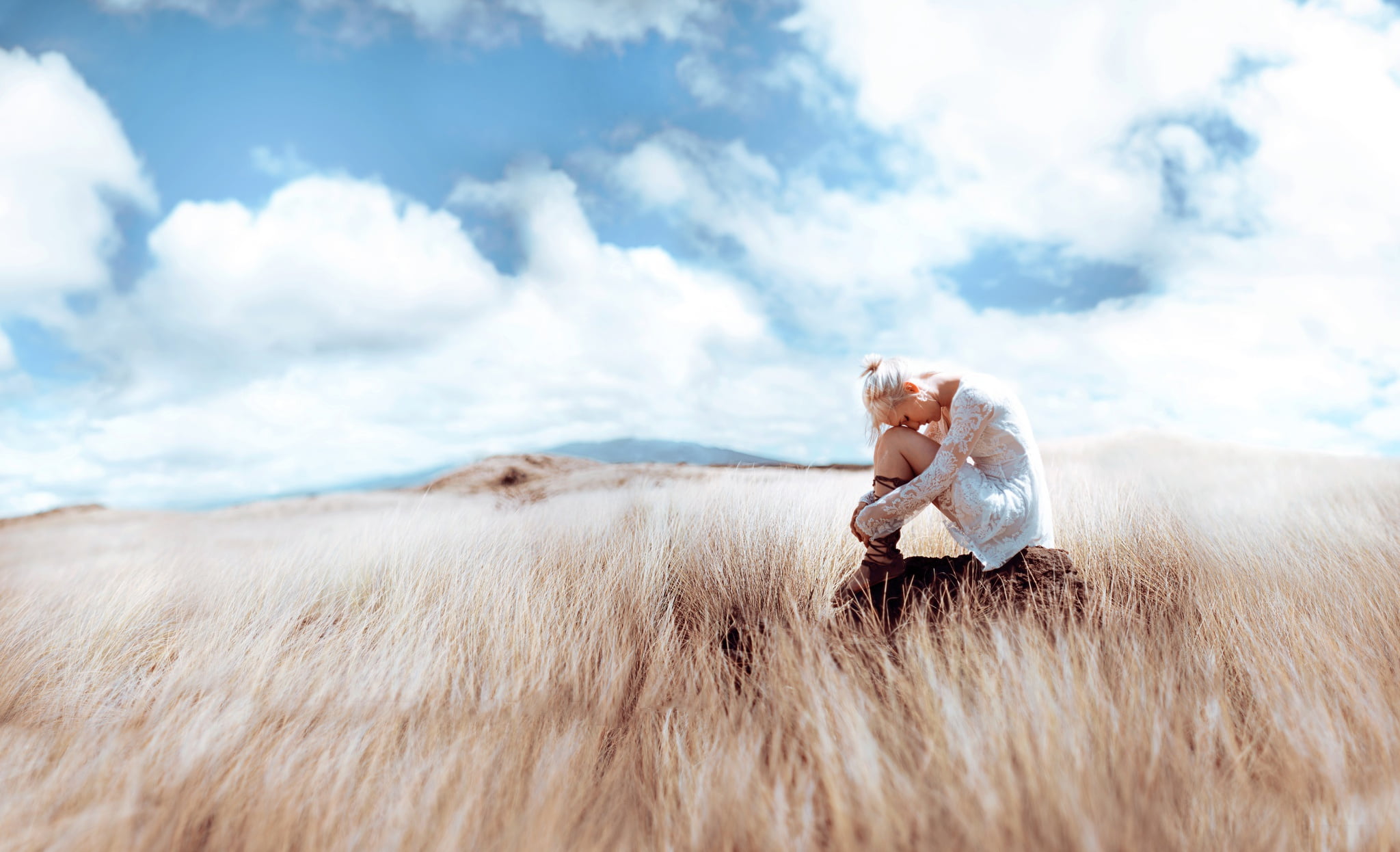 the steppe, stone, girl, feather, 1080P, loneliness, Kindra Nikole, HD Wallpaper