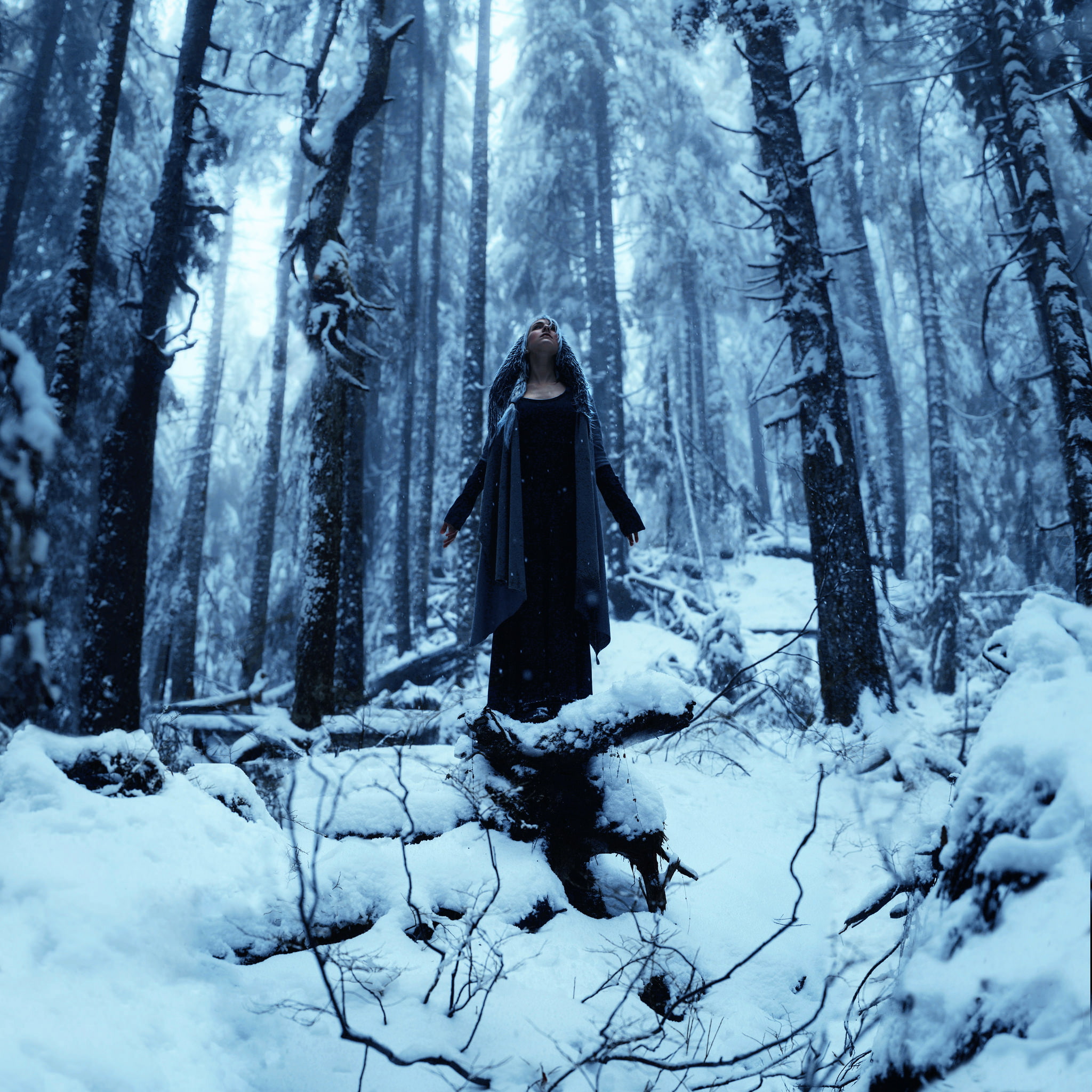 1080P, girl, snow, Kindra Nikole, forest, Phone HD Wallpaper