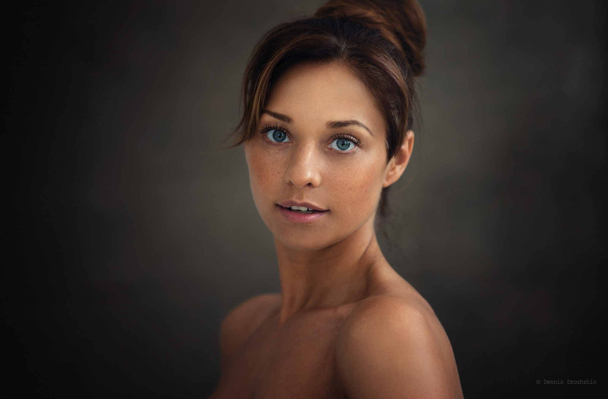 women, Dennis Drozhzhin, young adult, front view, simple background, looking at camera, blue eyes, copy space, human body part, portrait, shirtless, beautiful people, HD Wallpaper