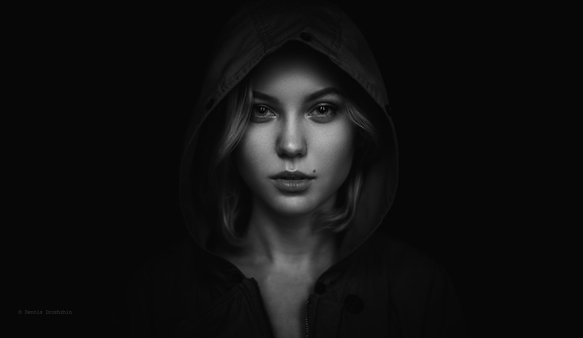 Dennis Drozhzhin, monochrome, 1080P, face, women, portrait, hoods, HD Wallpaper