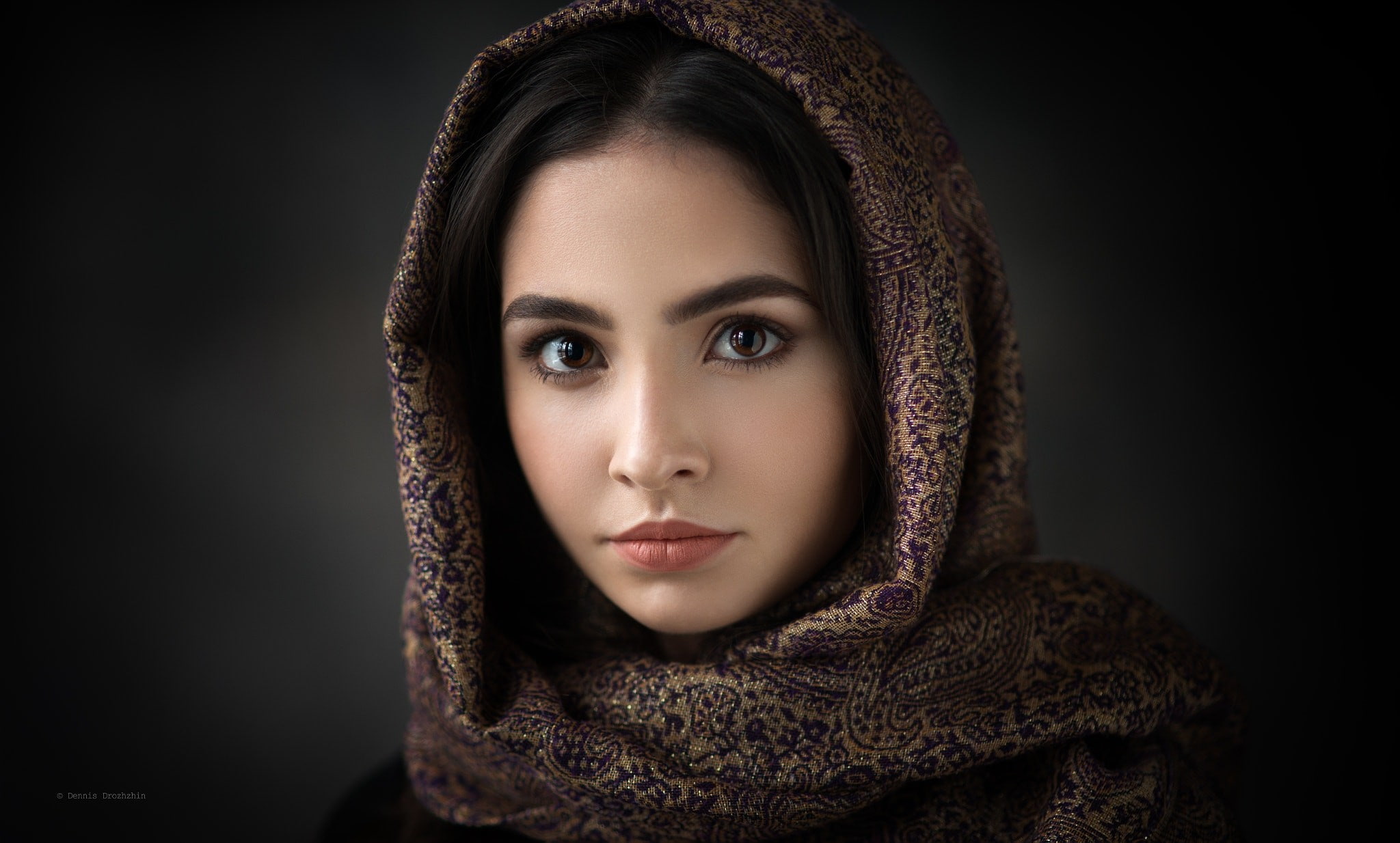 500px, Nelly, Dennis Drozhzhin, brown eyes, black hair, hoods, women, portrait, face, simple background, brunette, 1080P, HD Wallpaper