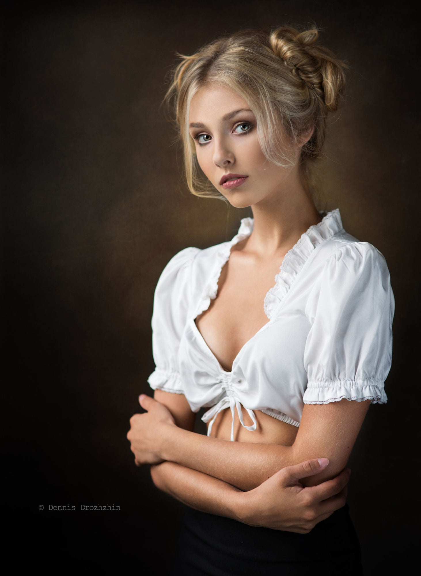 simple background, blouse, knot, women, hairbun, white clothing, blonde, cleavage, Dennis Drozhzhin, 1080P, Phone HD Wallpaper