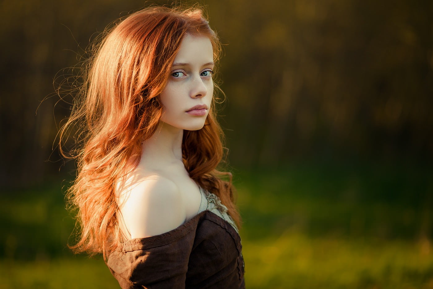 young adult, model, 720P, hairstyle, women outdoors, long hair, looking at camera, side view, day, redhead, one person, beauty, looking, bare shoulders, HD Wallpaper