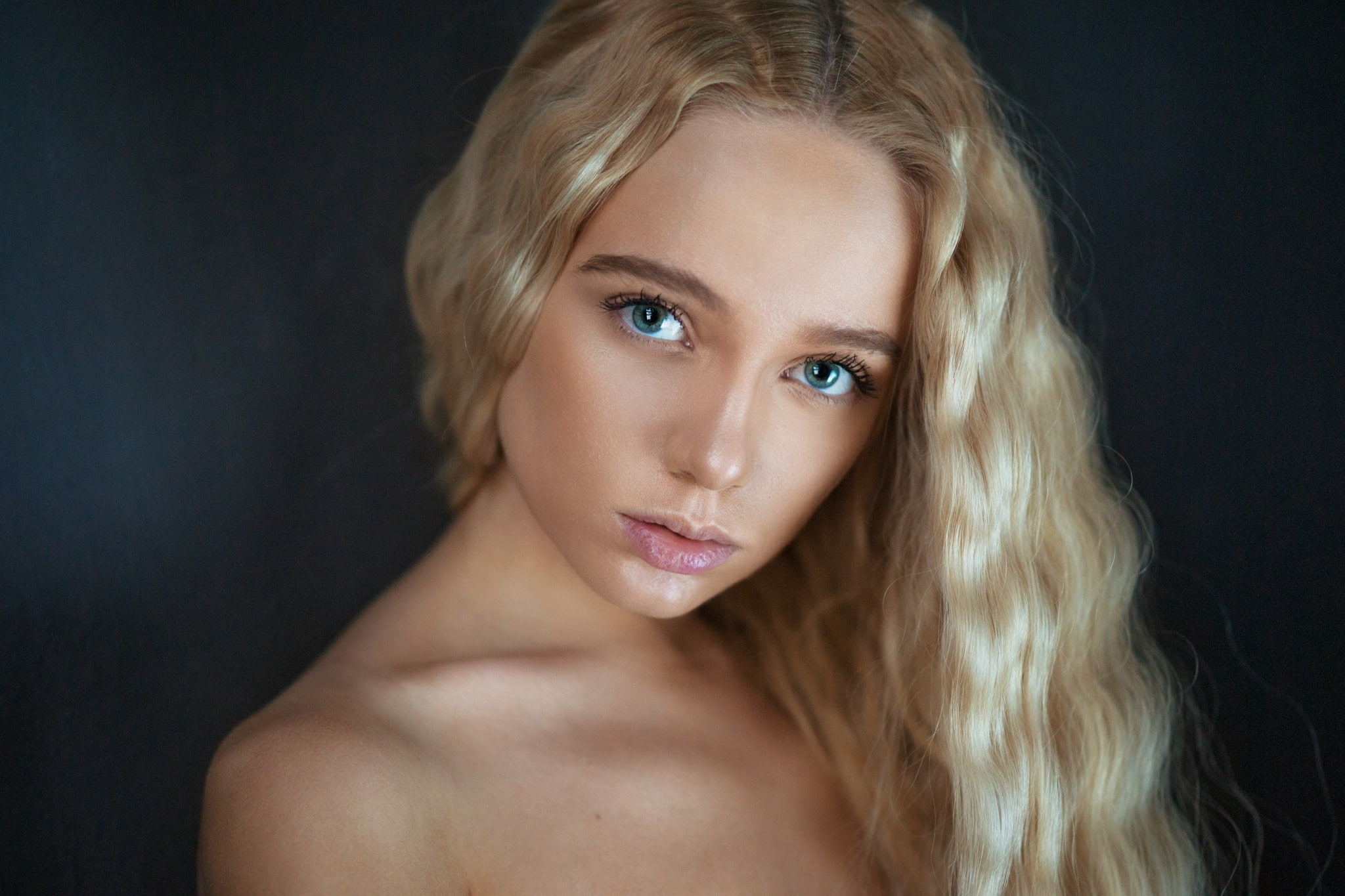 portrait, face, women, Maxim Maximov, simple background, Maria Popova, 1080P, blue eyes, blonde, HD Wallpaper