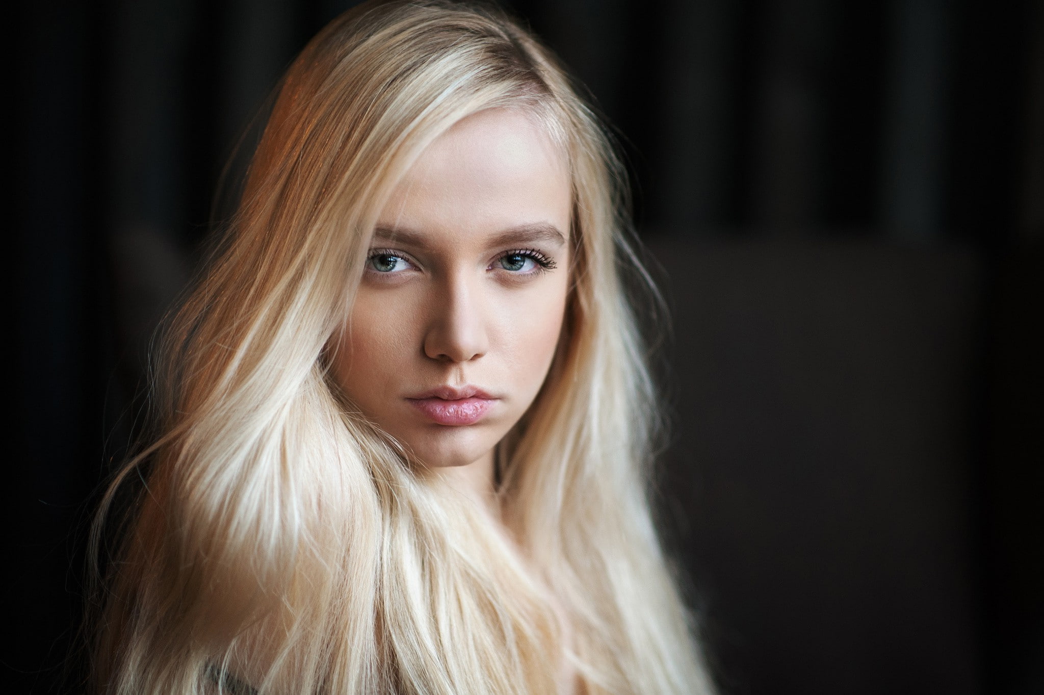 hair, long hair, one person, looking at camera, straight hair, women maria popova blonde portrait face, beautiful woman, human hair, close-up, black background, HD Wallpaper