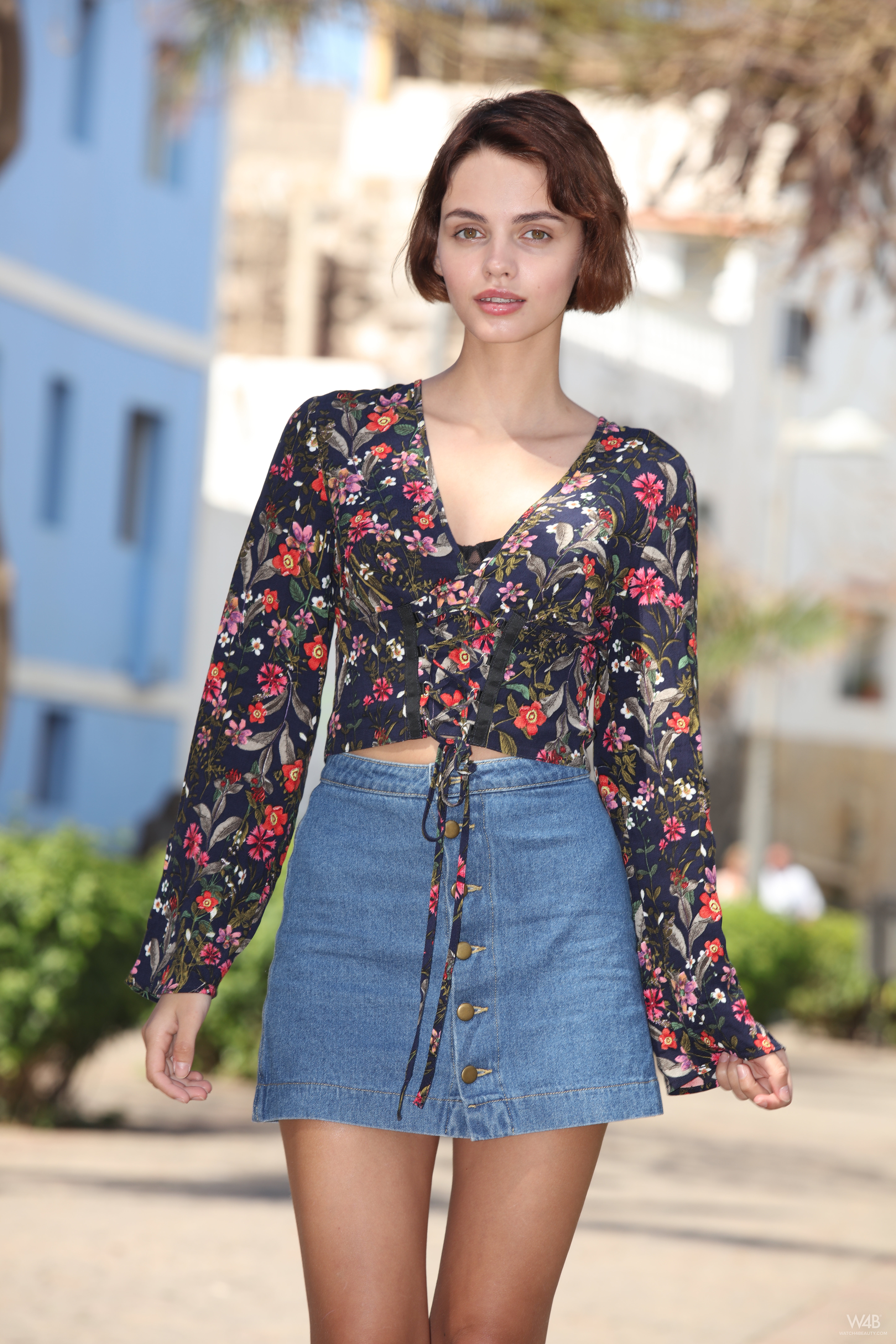 blouse, city, street, hairstyle, beauty, young women, looking at camera, outdoors, skirt, garden, model, floral pattern, women, adult, architecture, one person, Phone HD Wallpaper