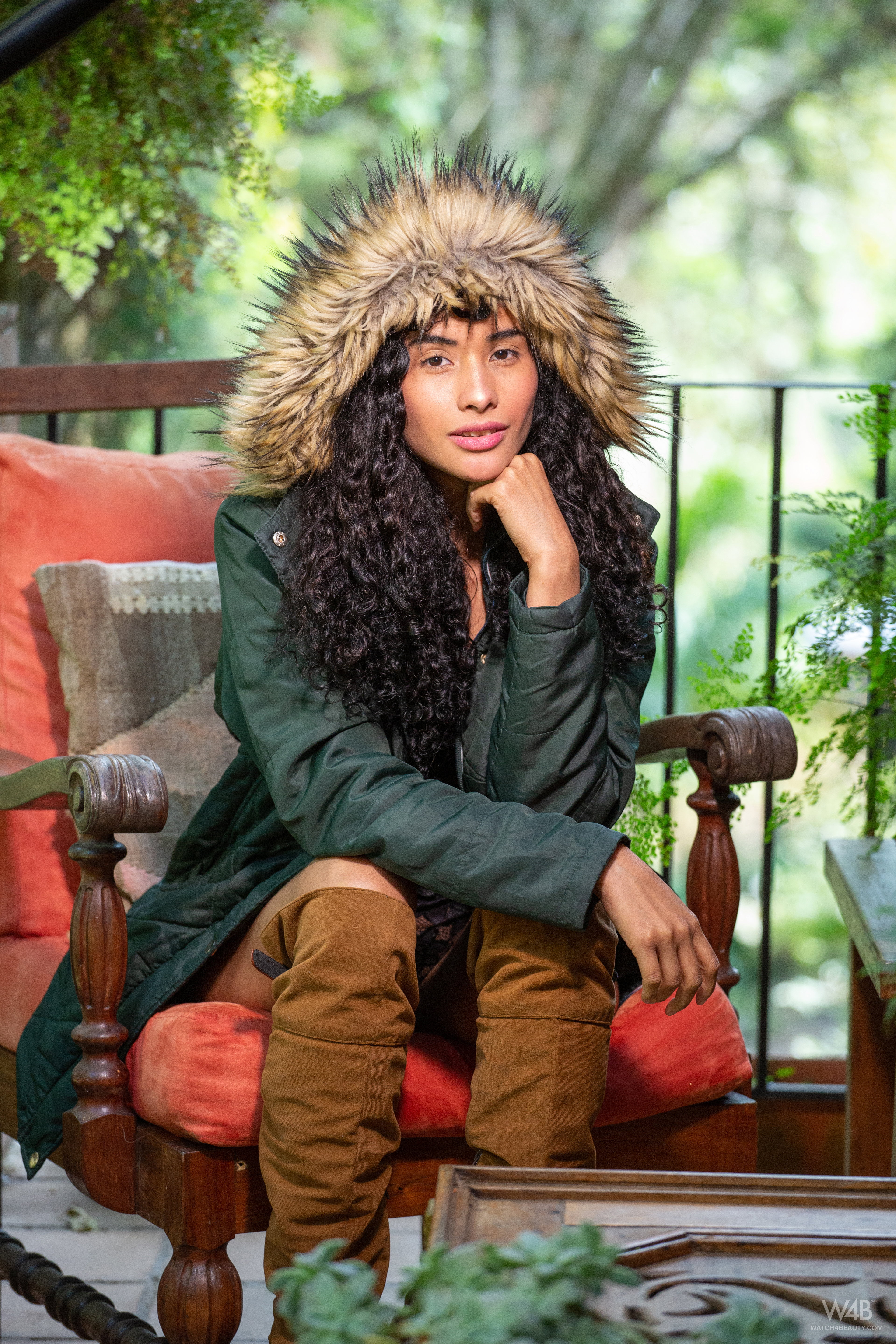boots, Watch4Beauty, chair, long hair, plants, brunette, women, curly hair, Iron Fence, balcony, 5K, coats, Mia Nix, Phone HD Wallpaper