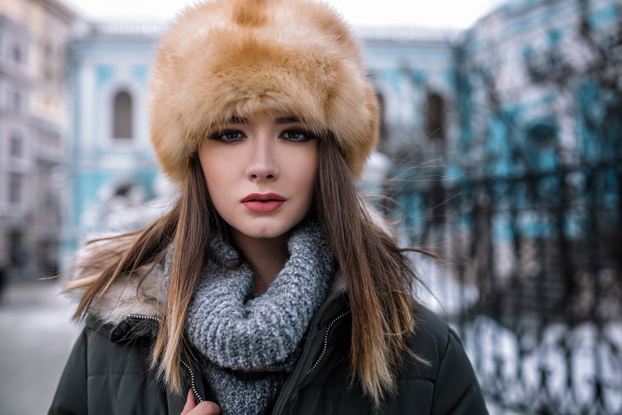women outdoors, adult, winter, fur, hairstyle, beautiful woman, coat, young adult, clothing, fur cap, headshot, fur hat, cold temperature, urban, looking at viewer, HD Wallpaper