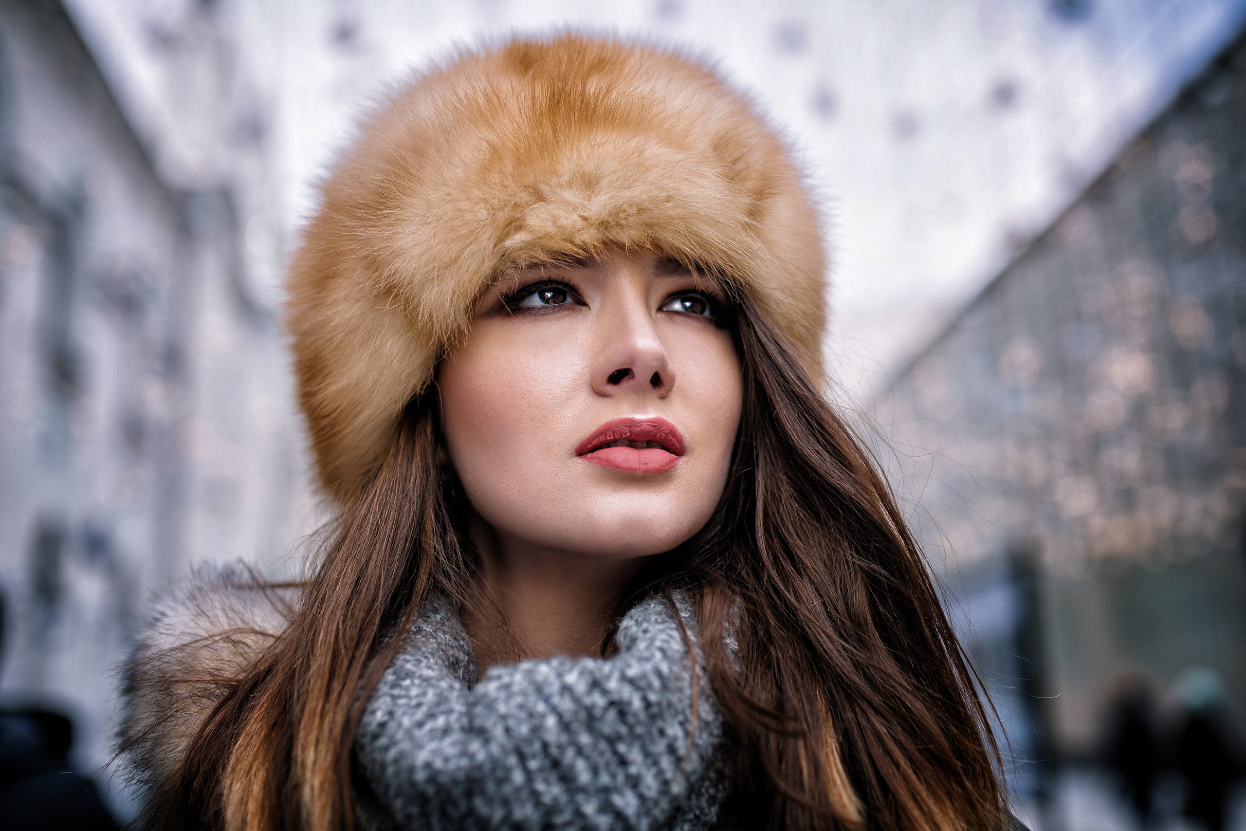 looking at camera, warm clothing, headshot, fur hat, outdoors, fashion, looking into the distance, body part, hat, fur cap, portrait, looking, females, HD Wallpaper