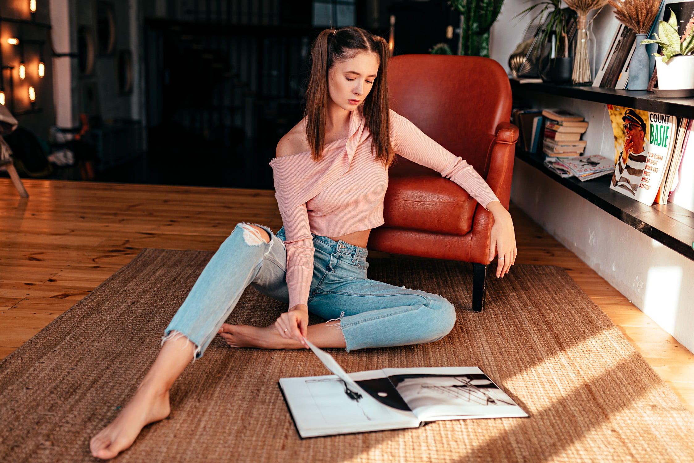 on the floor, Evgeny Markalev, pigtails, model, torn jeans, women, women indoors, bare shoulders, crop top, indoors, jeans, depth of field, couch, sitting, HD Wallpaper