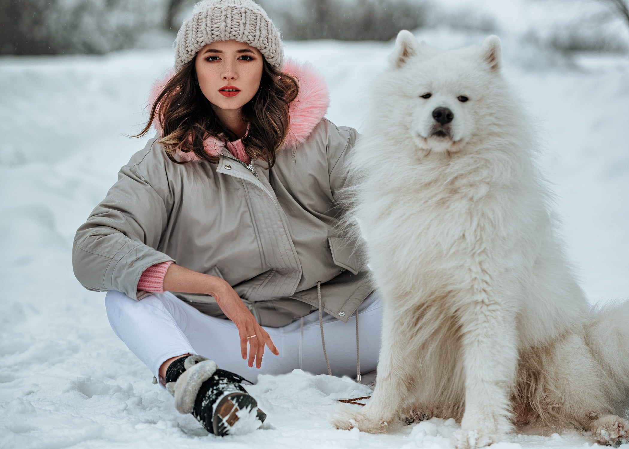 looking at viewer, sweater, pet, brunette, jeans, portrait, shoes, outdoors, pink sweater, snow, women outdoors, 1080P, dog, sitting, jacket, model, women, HD Wallpaper