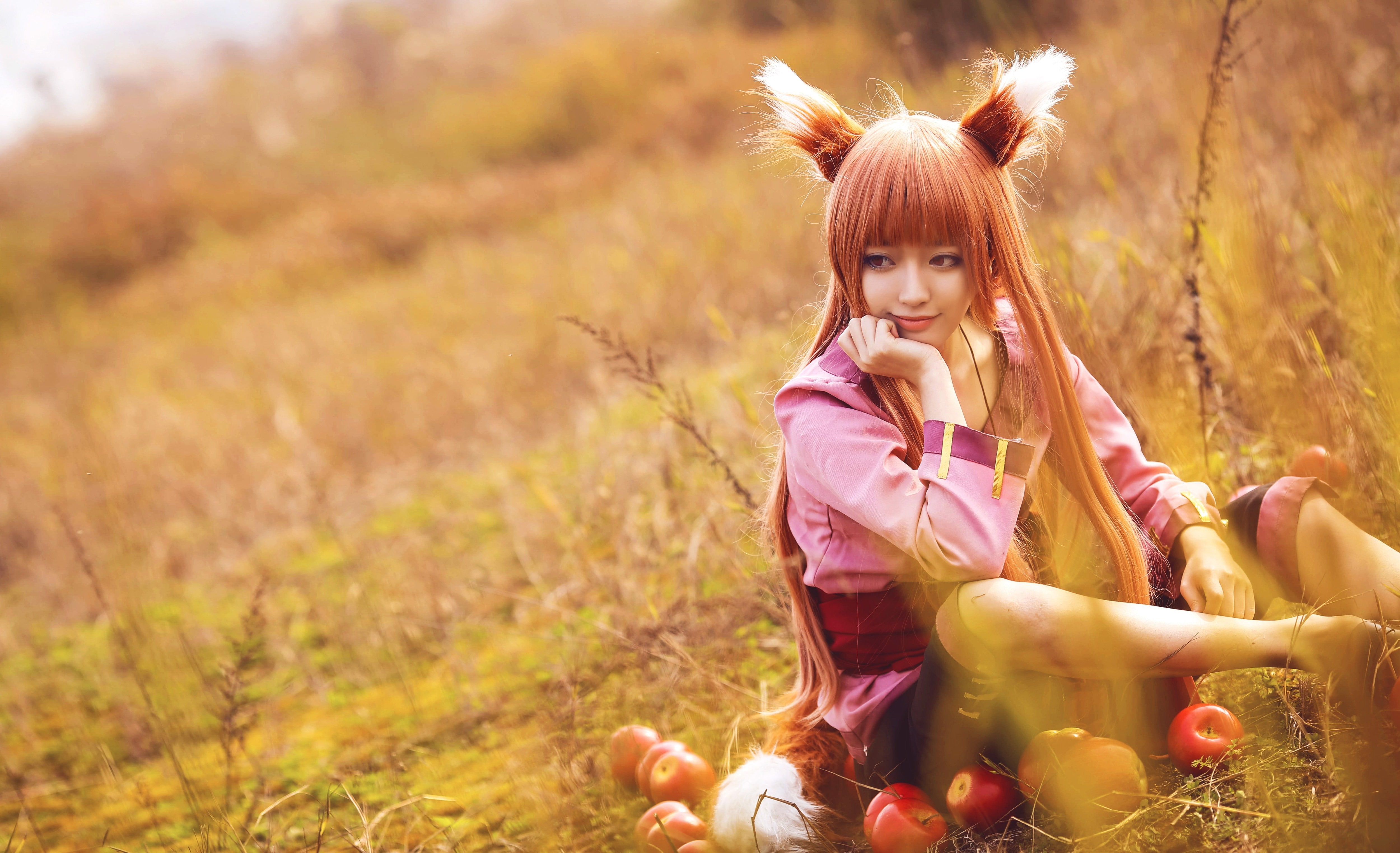 women, field, asian cosplayer, cosplay, 4K, apples, redhead, wheat, Holo (Wolf and Spice), Asian, HD Wallpaper