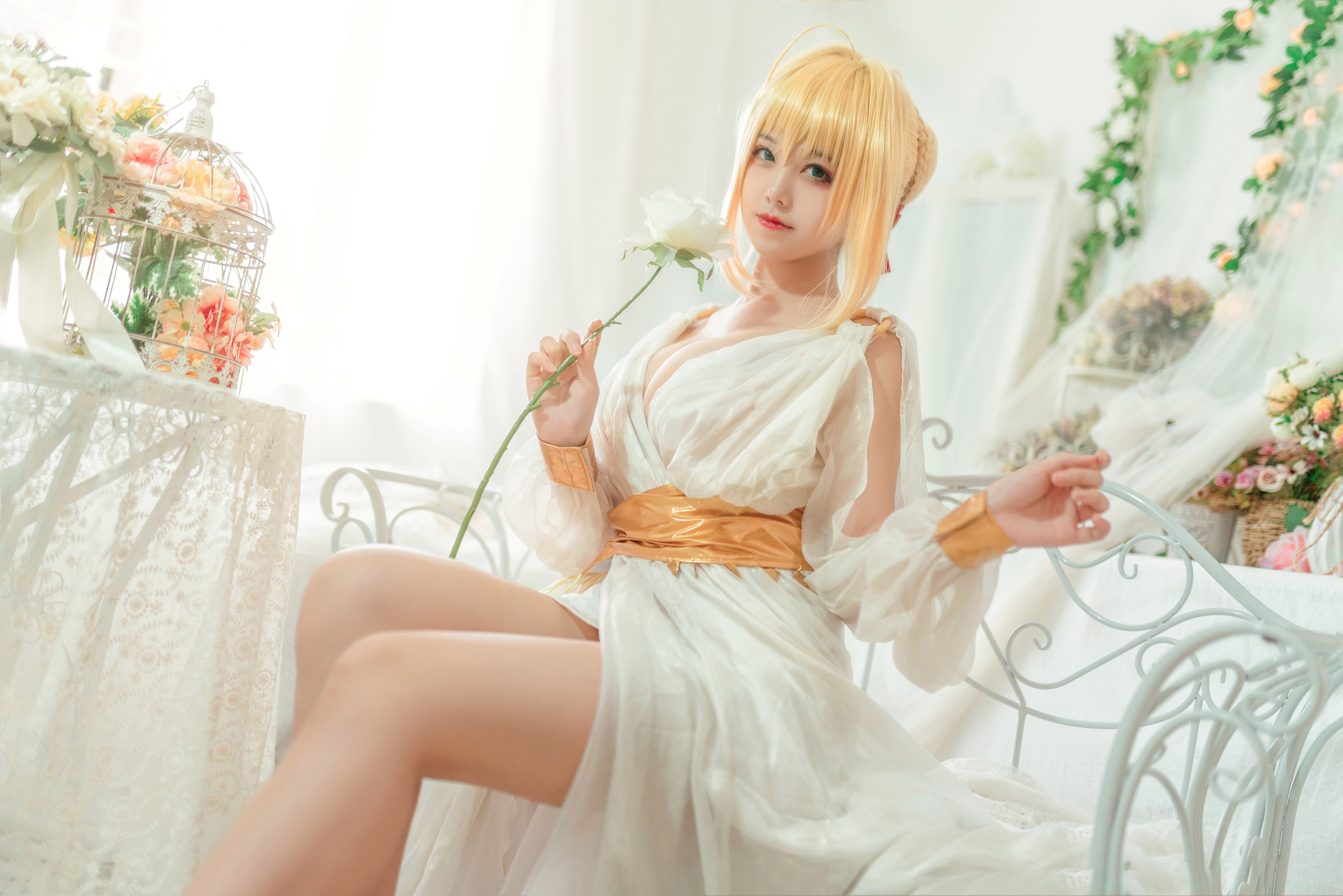 sitting, roses, model, white dress, cosplay, Mizhimaoqiu, women, cleavage, women indoors, Asian, indoors, dress, flowers, asian cosplayer, 4K, bangs, Nero Claudius, HD Wallpaper