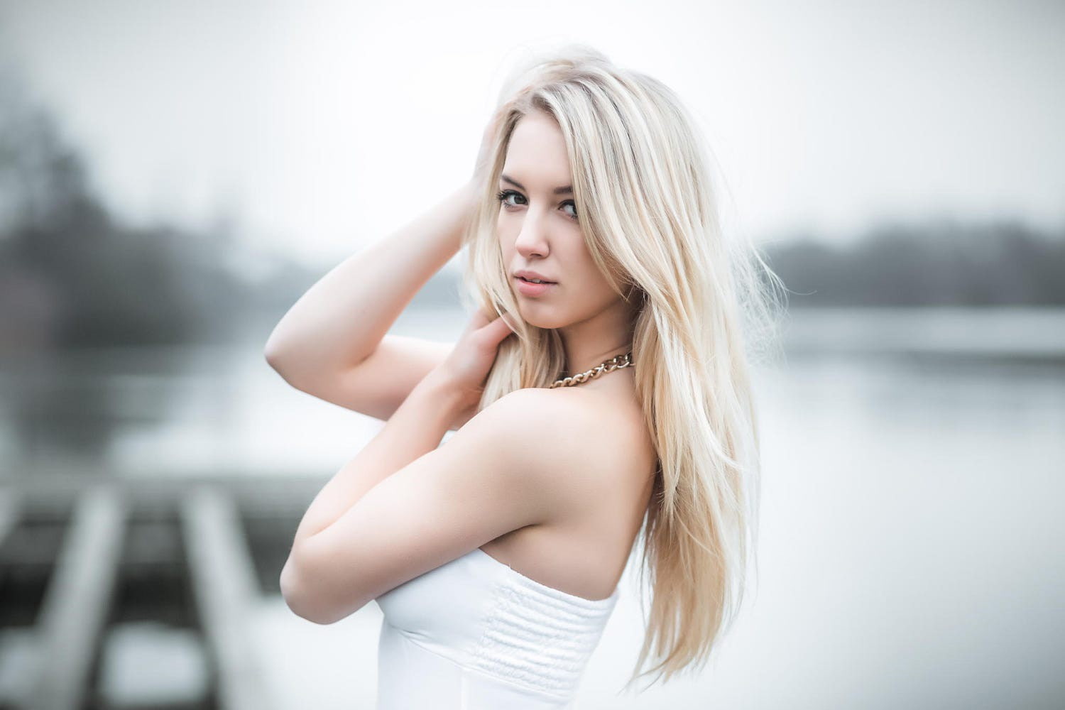looking at viewer, white dress, platinum blonde, women, hair, Alicia Schneider, blonde, 720P, Alice Prejudice, hands on head, lake, bare shoulders, women, HD Wallpaper