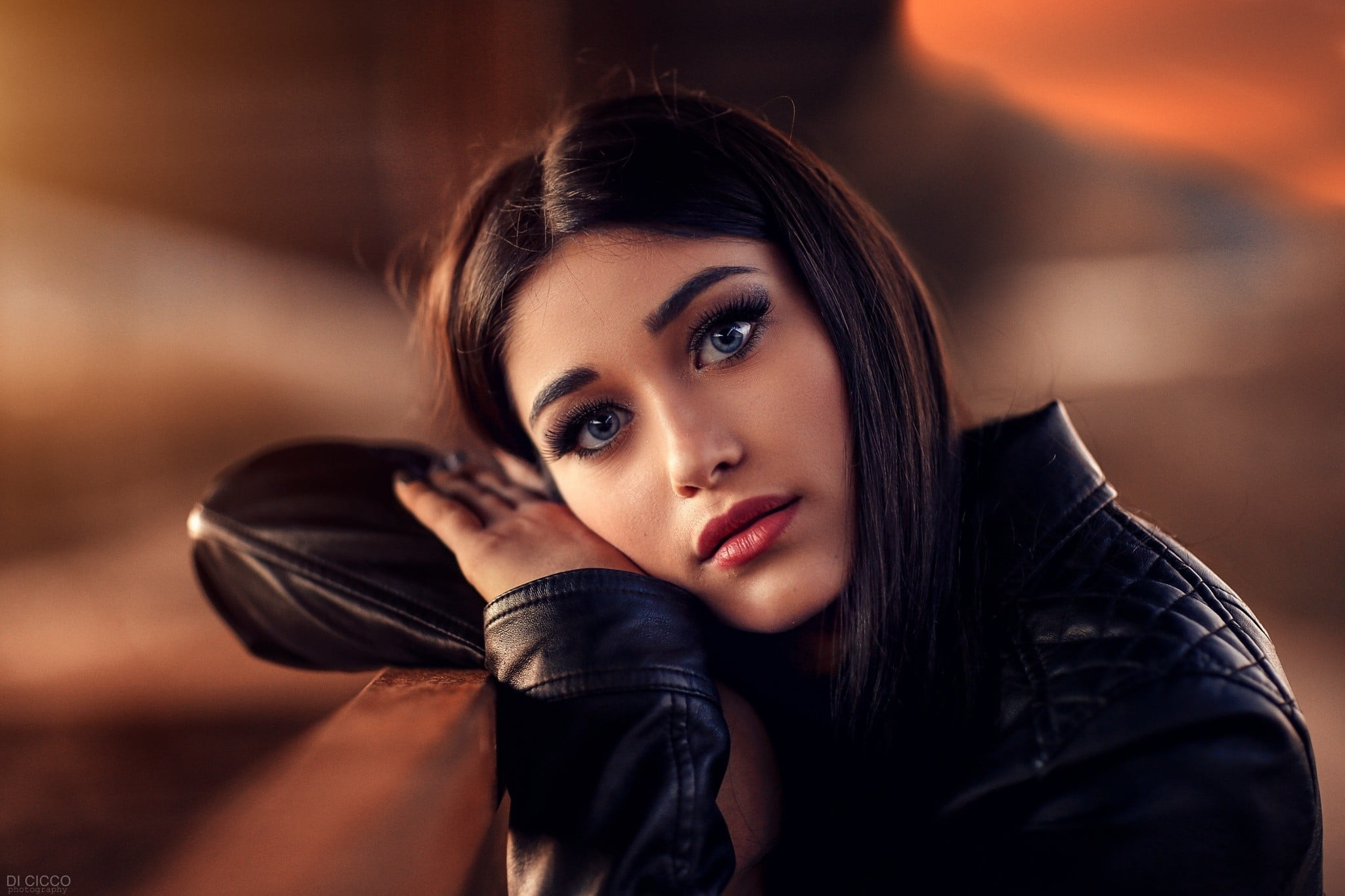 focus on foreground, contemplation, brunette, women, young adult, blue eyes, leather jacket, young women, clothing, leather, black hair, adult, 1080P, HD Wallpaper