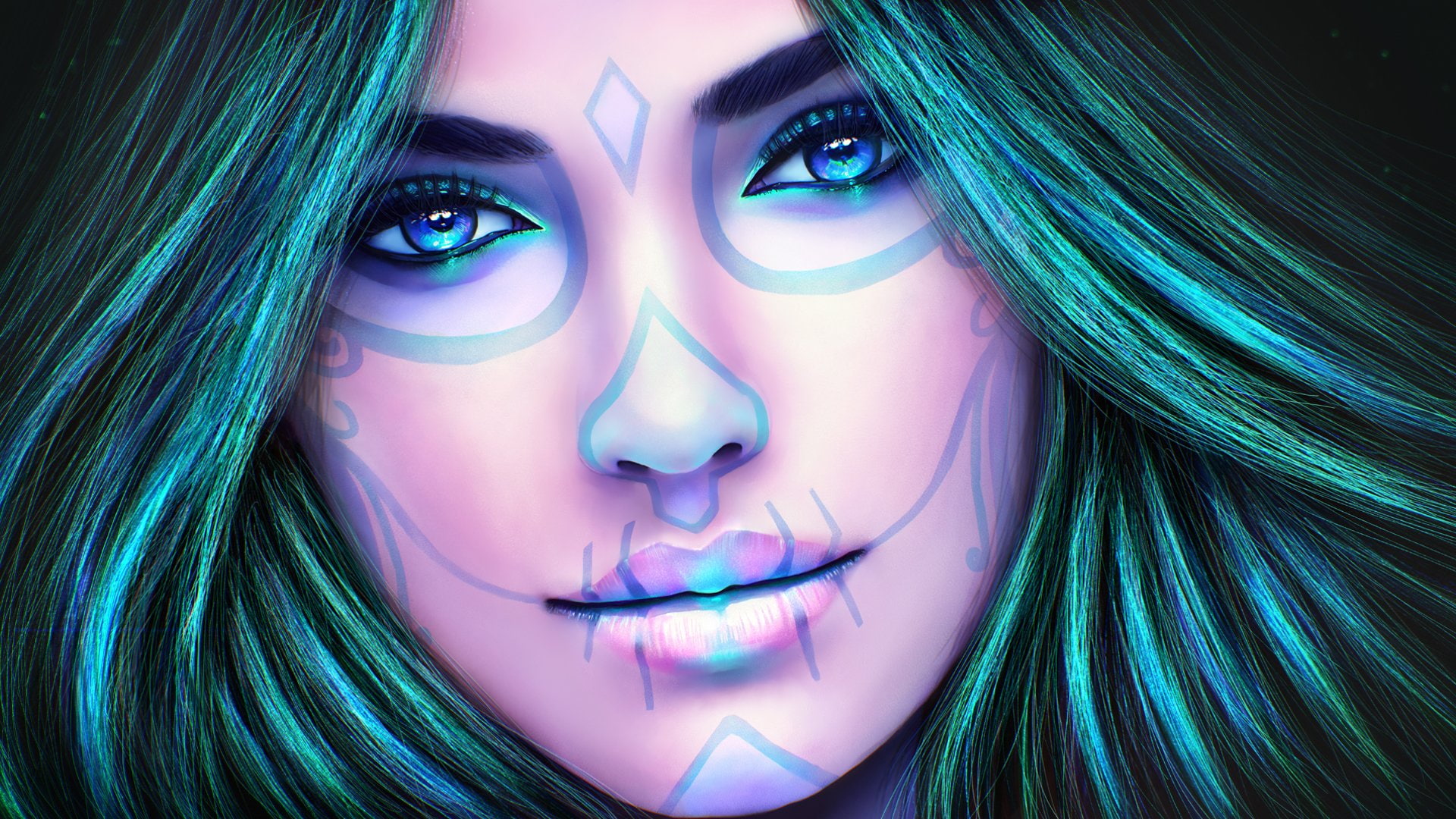 Woman, Face, Blue, Day of the Dead, 1080P, Girl, Artistic, Sugar Skull, HD Wallpaper