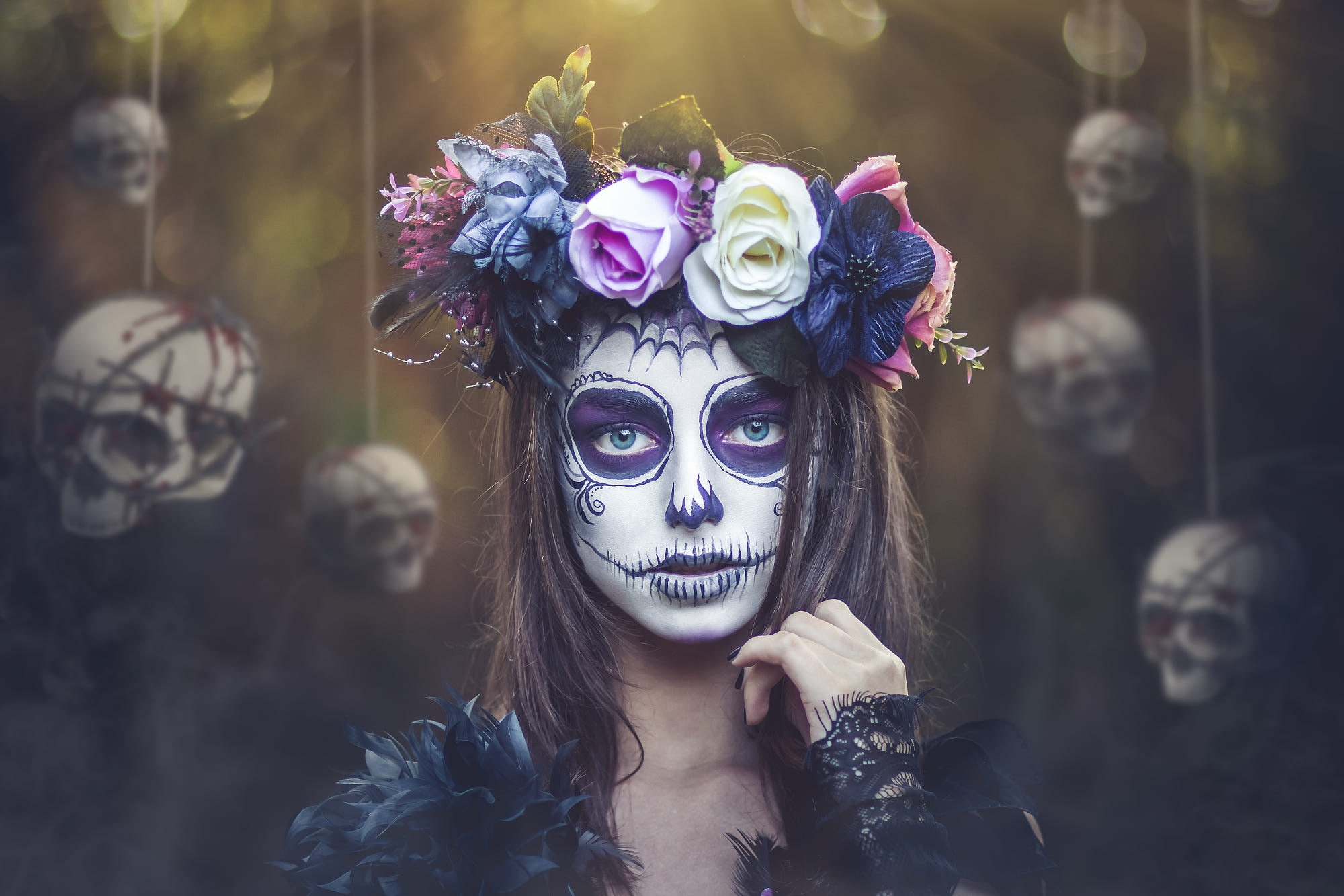 Wreath, Woman, Artistic, Girl, Blue Eyes, Makeup, Sugar Skull, 1080P, Skull, Flower, Face, HD Wallpaper