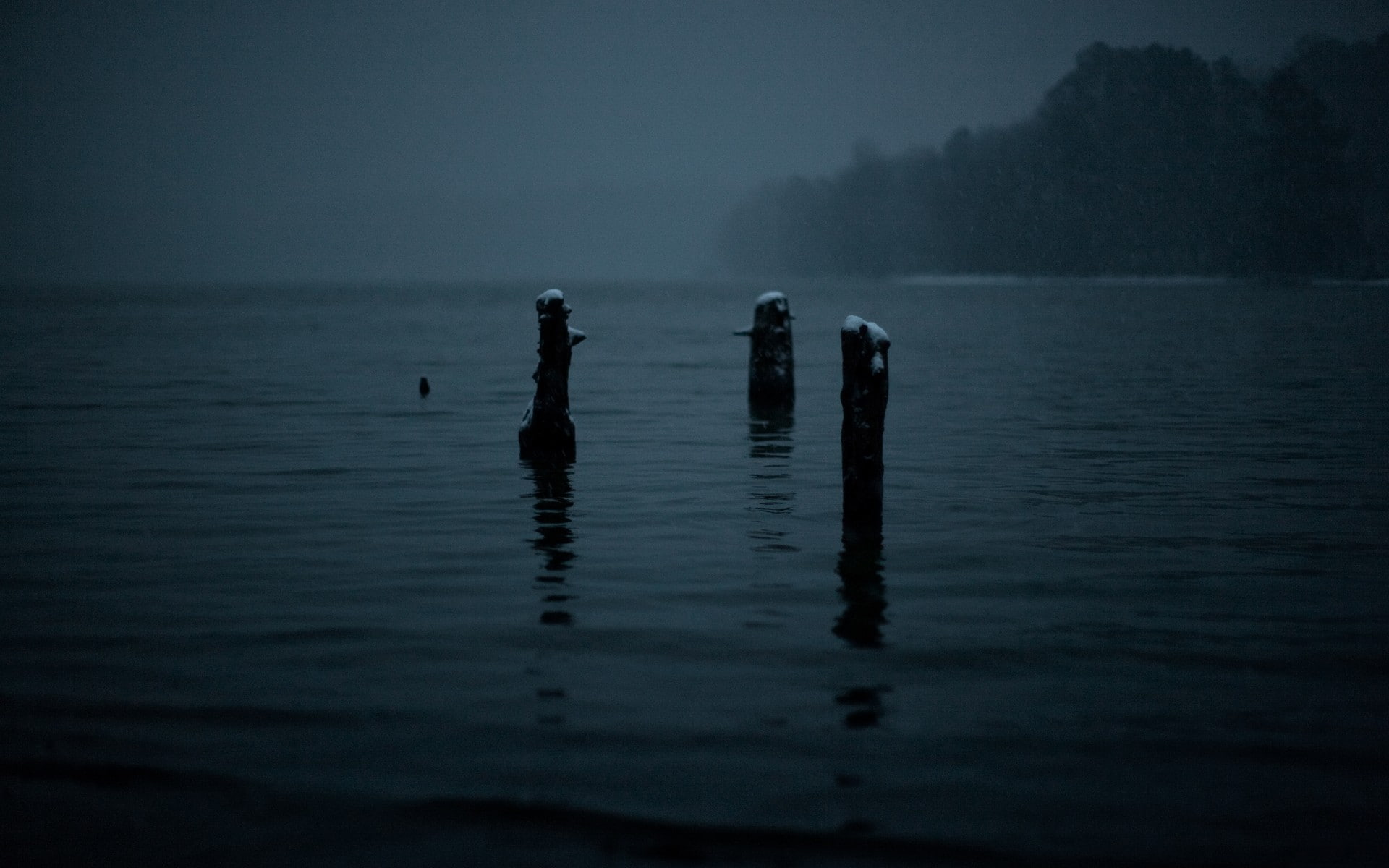 gloomy, lake, snowing, mist, dark, 1080P, winter, HD Wallpaper