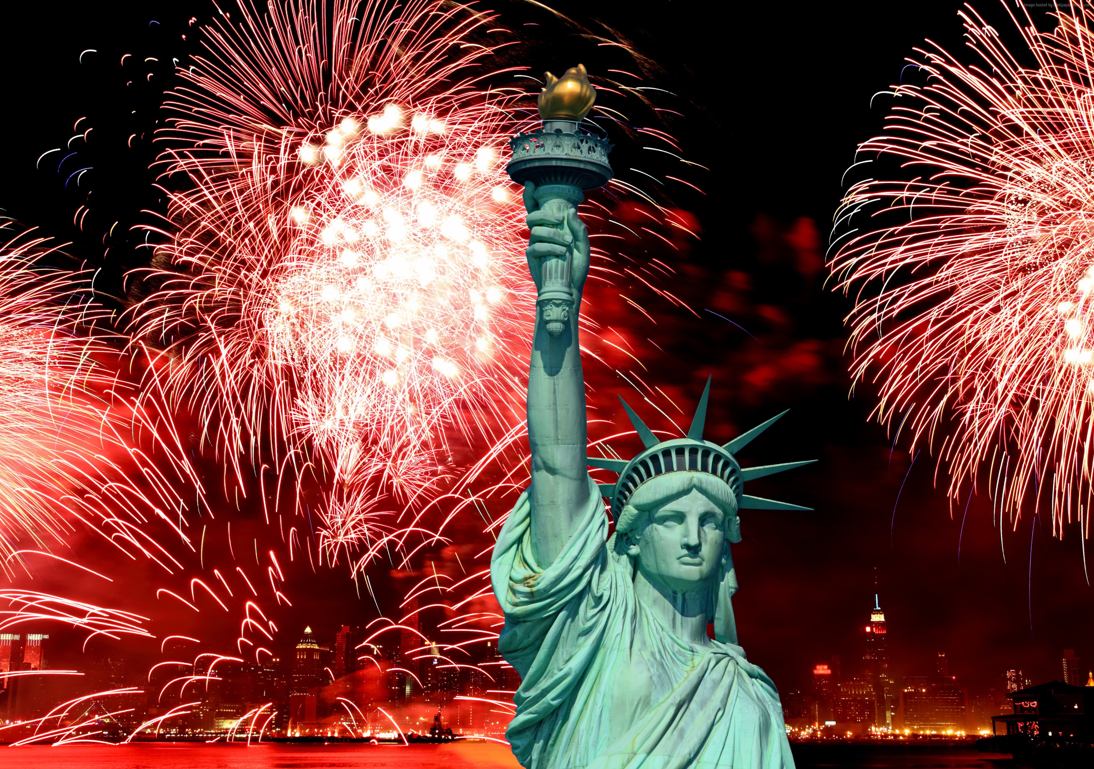 fireworks, event, Independence Day, Statue of Liberty, NY, 2K, USA, HD Wallpaper