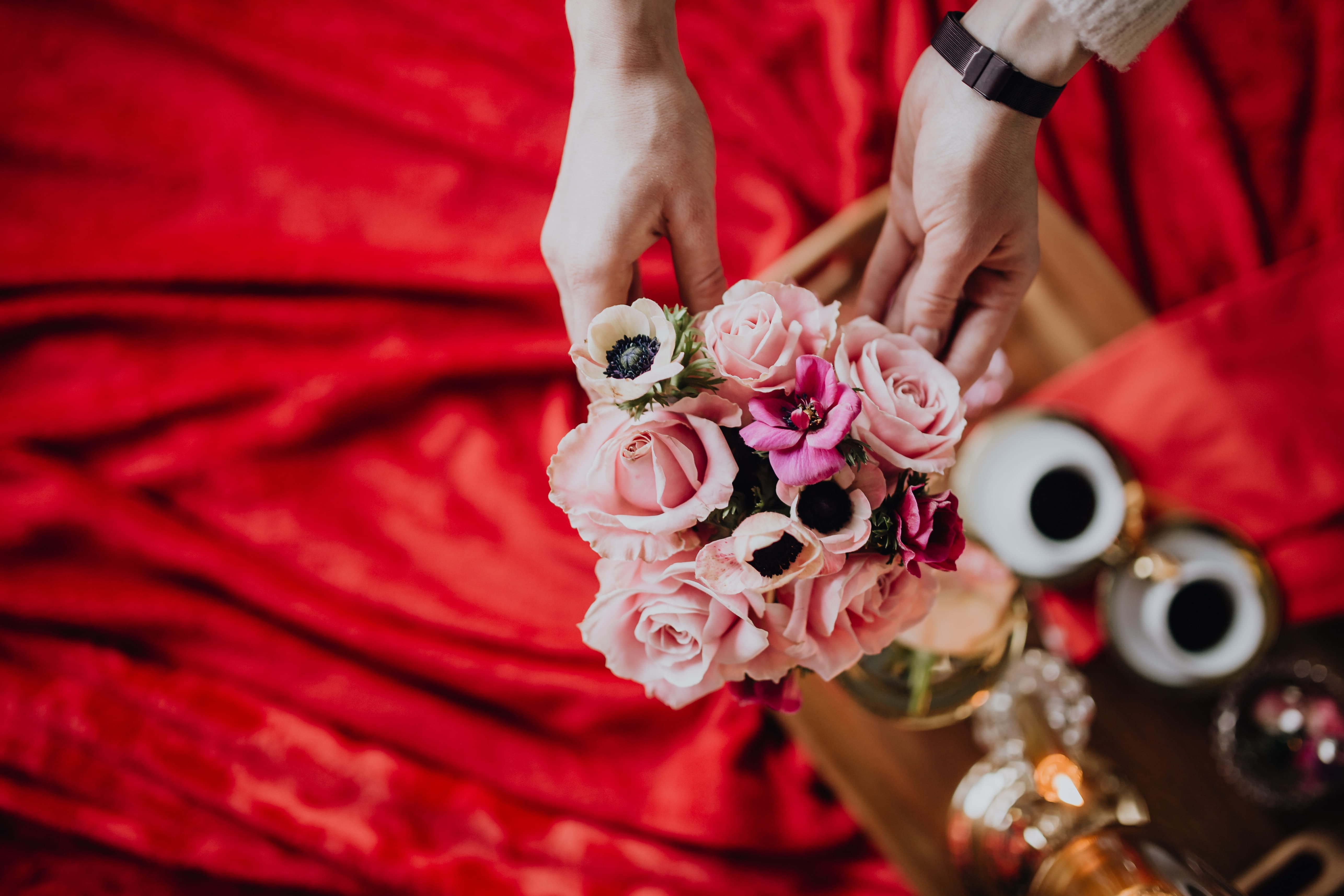 bunch, celebration, s, close-up, holding, bouquets, plant, pink, flowering plant, flower arrangement, people, roses, valentines, jewelry, valentine, beauty in nature, HD Wallpaper
