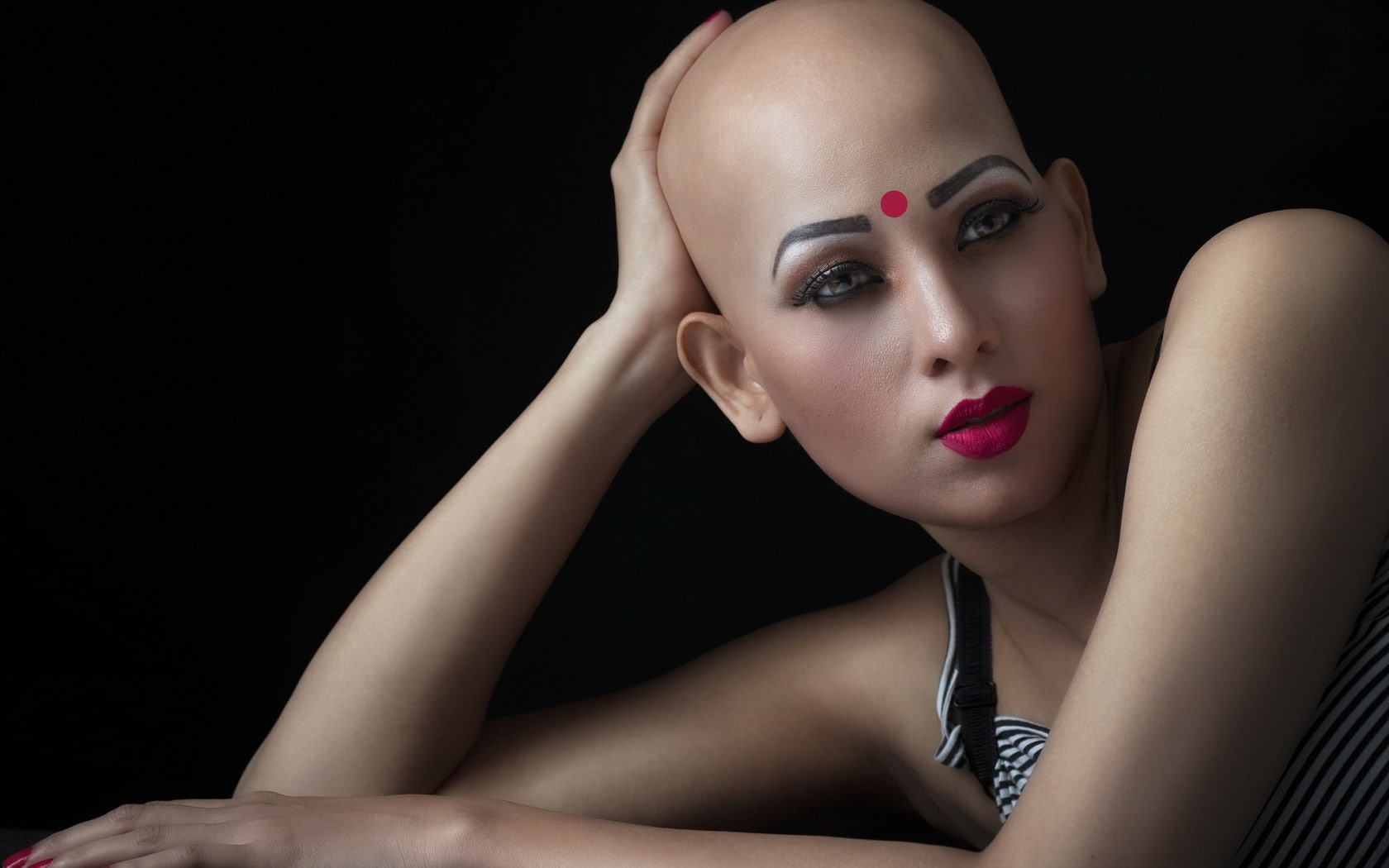 human body part, fashion, bald, women, one person, young women, make-up, 720P, headshot, nail, lipstick, body part, beauty, black background, beautiful woman, HD Wallpaper