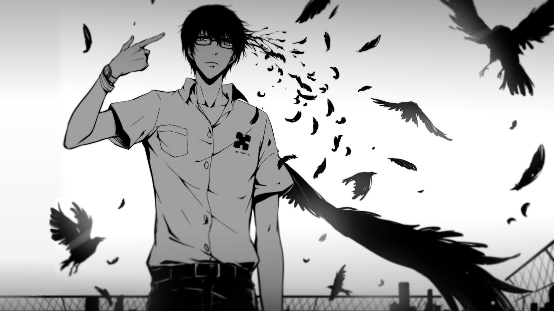 1080P, Kokonoe Arata, Glasses, anime, Crow, Zankyou No Terror, monochrome, HD Wallpaper