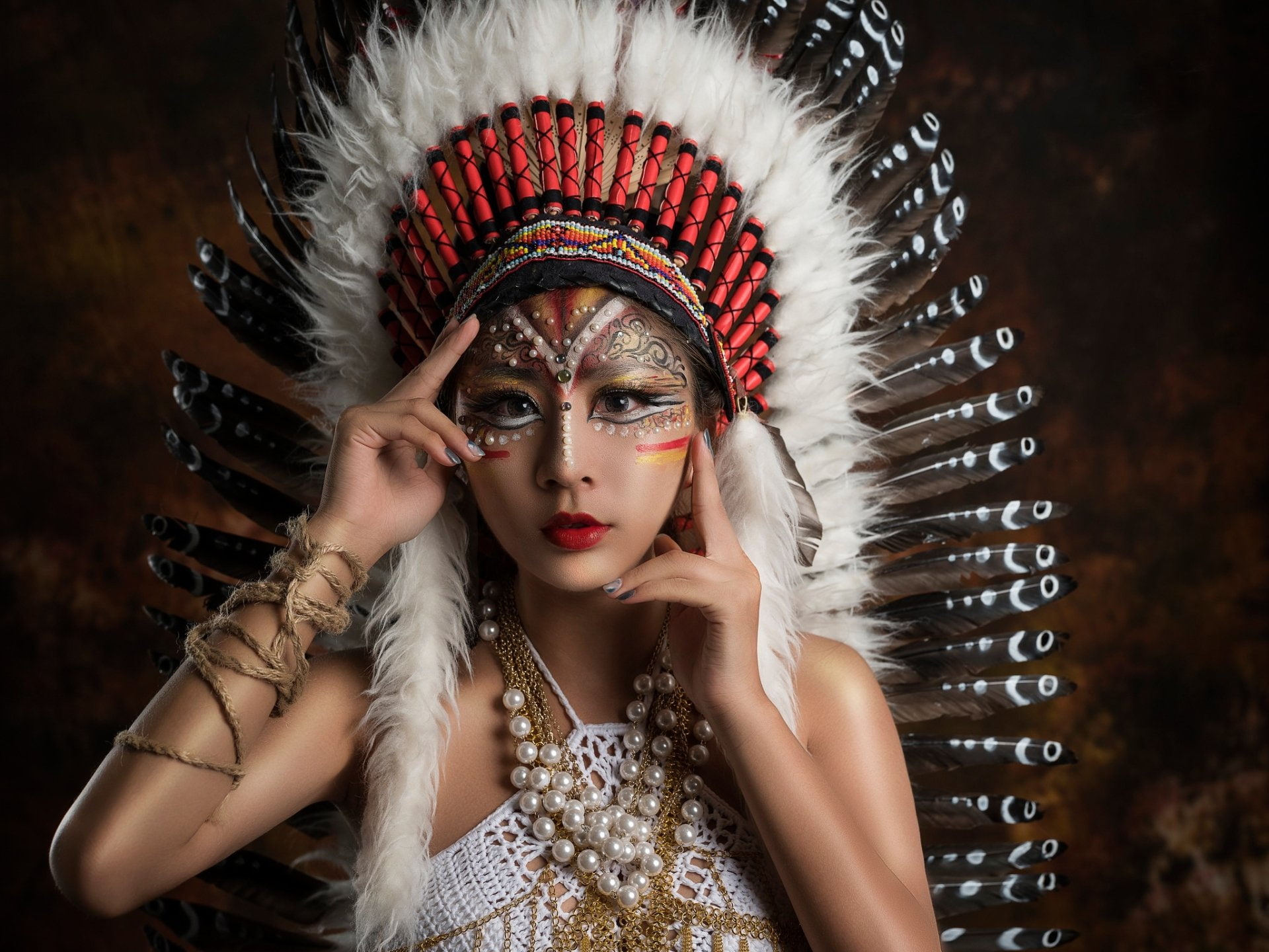 Women, 1080P, Asian, Makeup, Feather, Lipstick, Model, Native American, Girl, Woman, HD Wallpaper