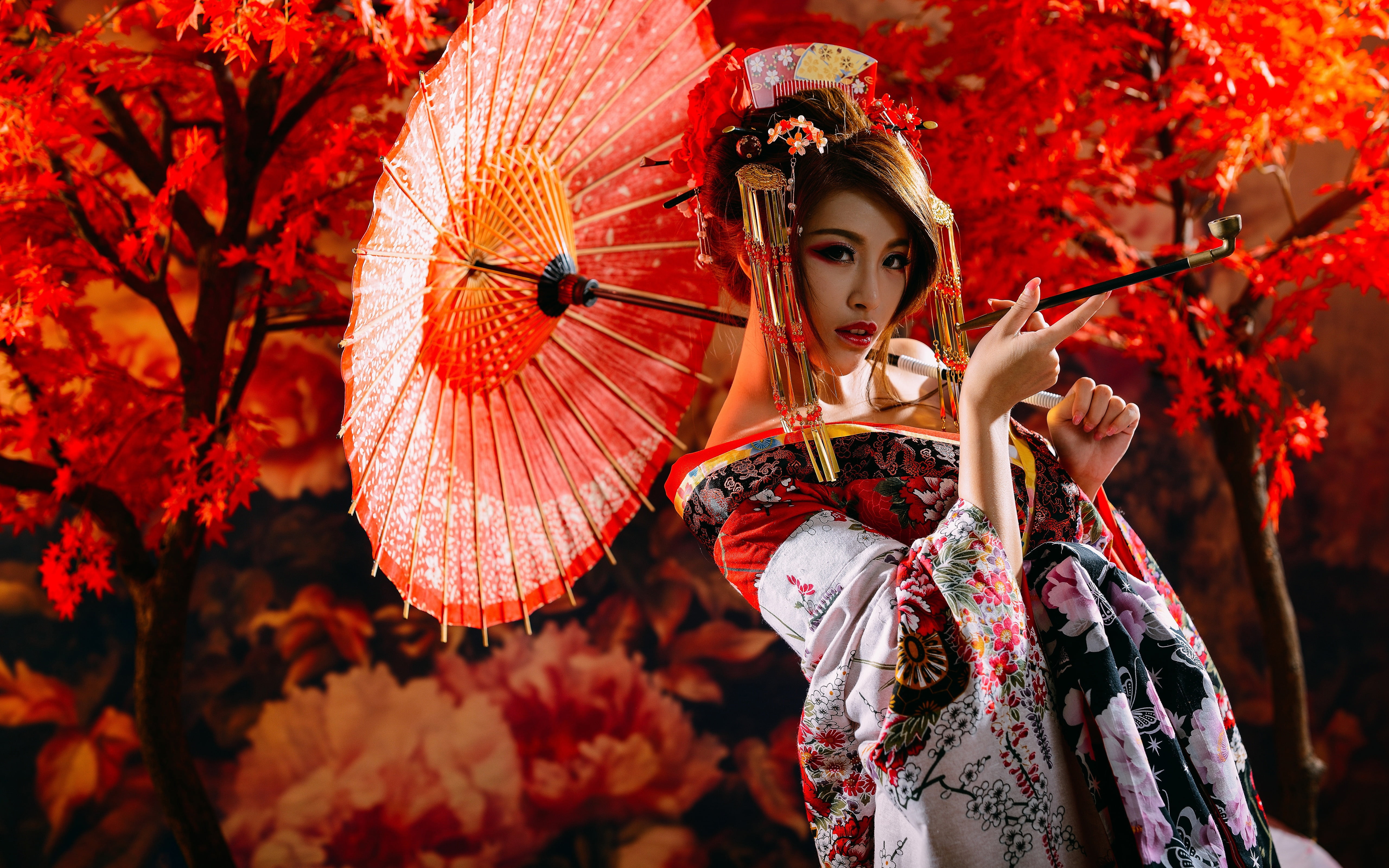 Girl, Women, Model, Woman, Kimono, Lipstick, Umbrella, Asian, 5K, Headdress, Brunette, HD Wallpaper