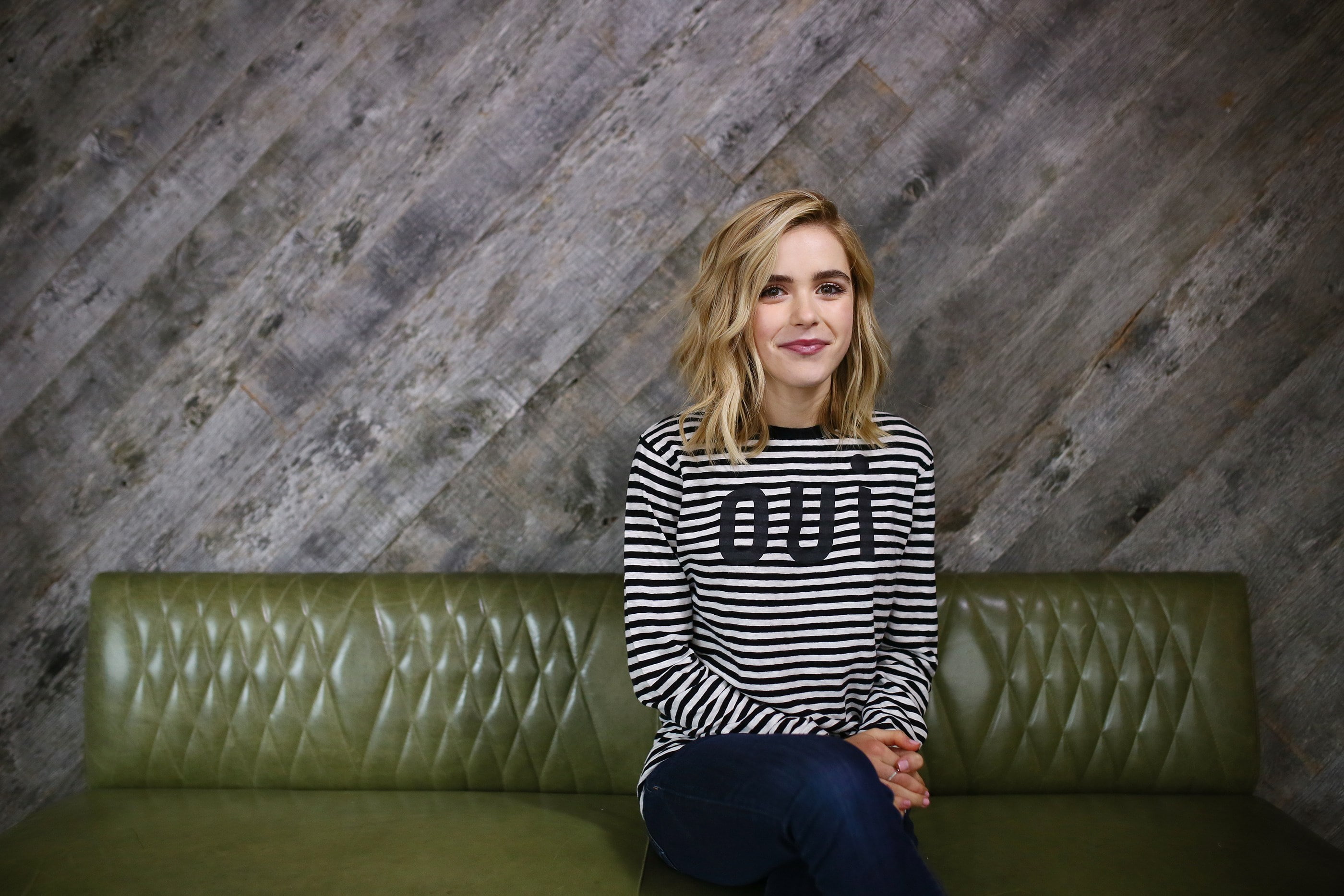 portrait, casual clothing, sitting, hairstyle, hair, blond hair, contemplation, kiernan shipka, one person, 2K, three quarter length, leisure activity, HD Wallpaper