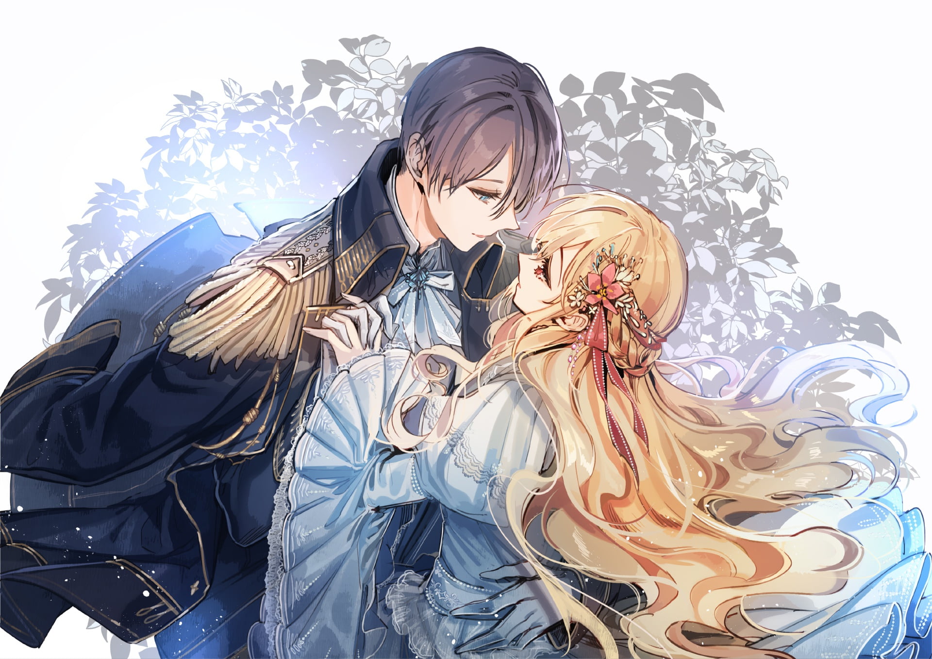 blue dress, flower in hair, waltz, the guy with the girl, military uniform, 1080P, eye to eye, gloves, long hair, dance, smile, epaulette, HD Wallpaper