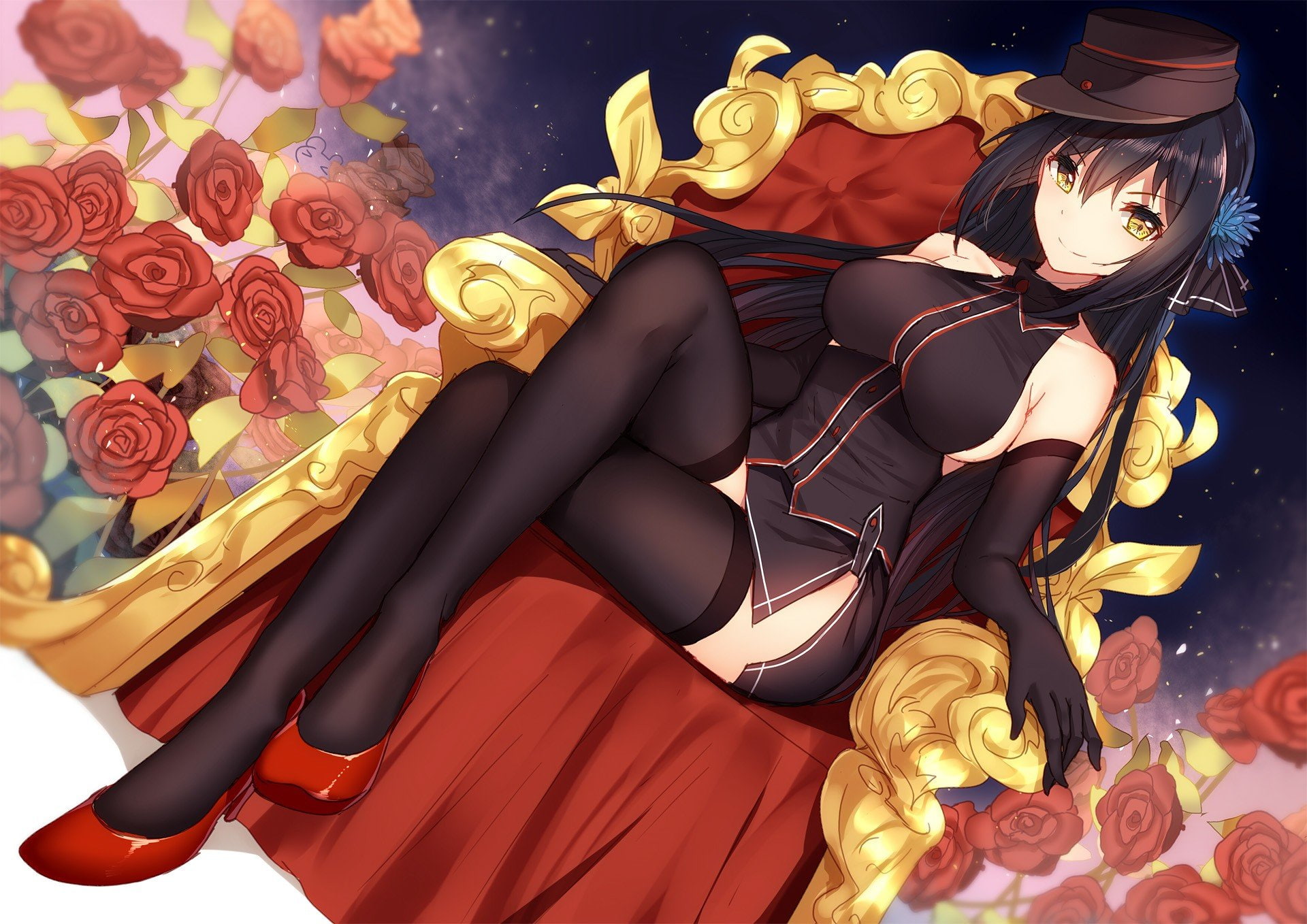 women, beautiful woman, celebration, real people, sitting, people, art and craft, 1080P, choice, panzer waltz hat elbow gloves thigh highs flowers sky, HD Wallpaper