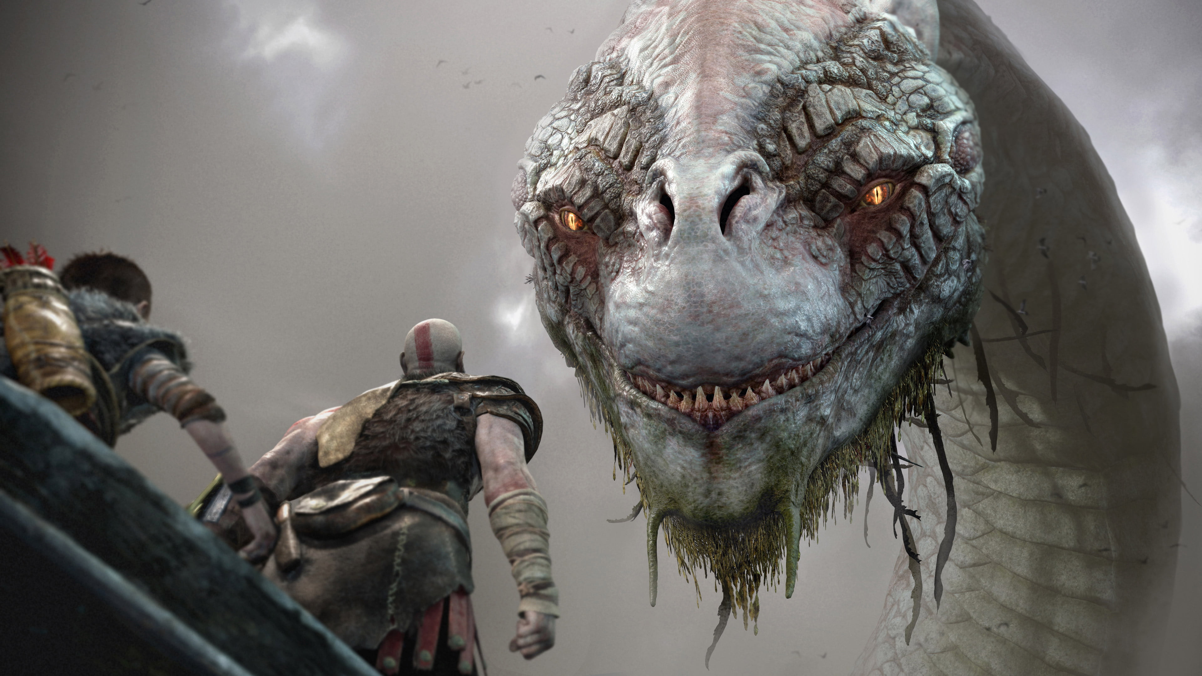 god of war, outdoors, animal themes, animal, art and craft, group of animals, games, ps games, mouth open, water, day, lake, hd, sculpture, mammal, 2017 games, HD Wallpaper