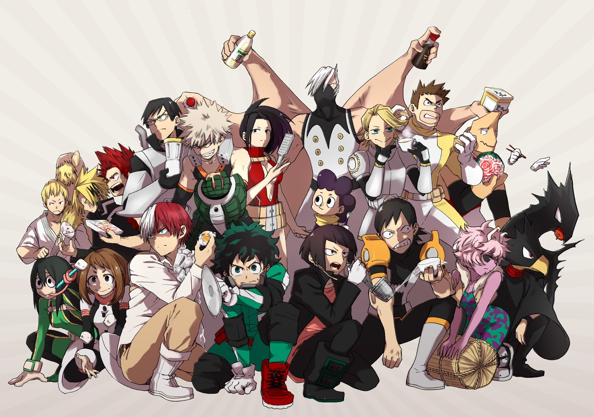 costume, anime, manga, 1080P, arms raised, grenade, yuusha, emotion, indoors, high angle view, powerful, large group of objects, representation, adult, HD Wallpaper