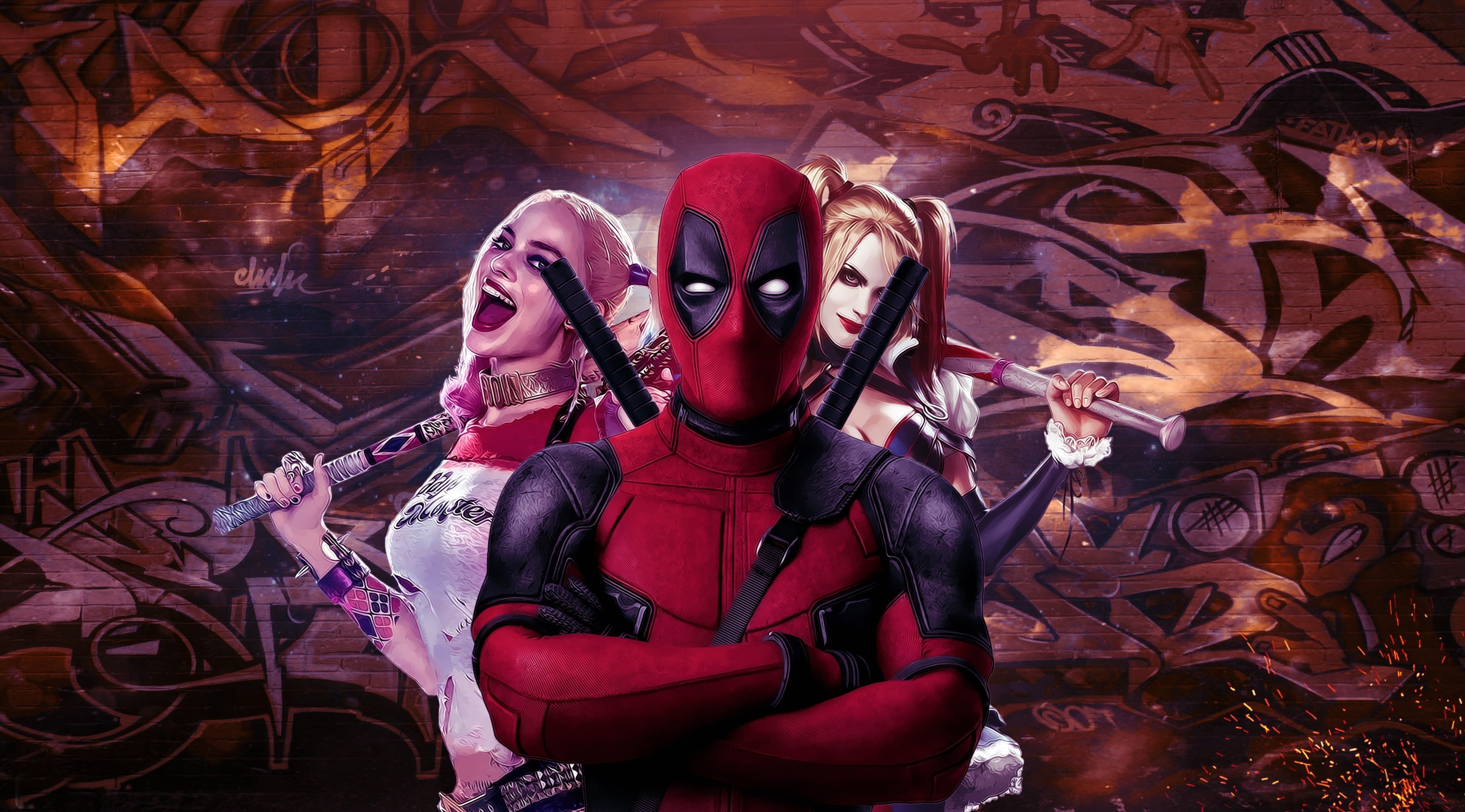 men, indoors, Harley Quinn, girl, strong, art and craft, uniform, ken, people, movie, wall - building feature, blade, ninjaken, two people, real people, HD Wallpaper