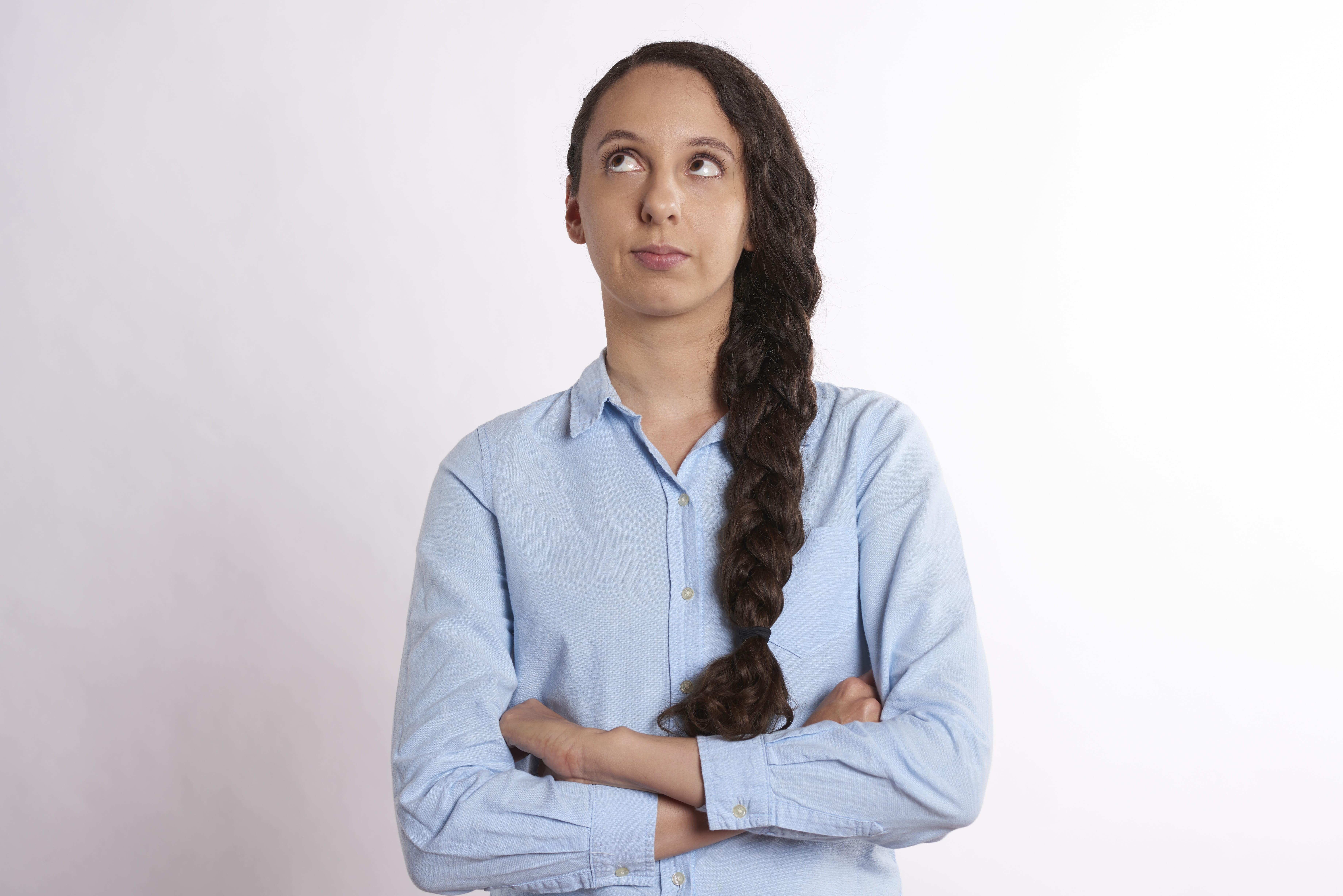 casual, one woman only, annoyed, looking, serious, hair, contemplation, eye roll, Eye, looking at camera, woman, button, furious, shirt, unhappy, young adult, HD Wallpaper