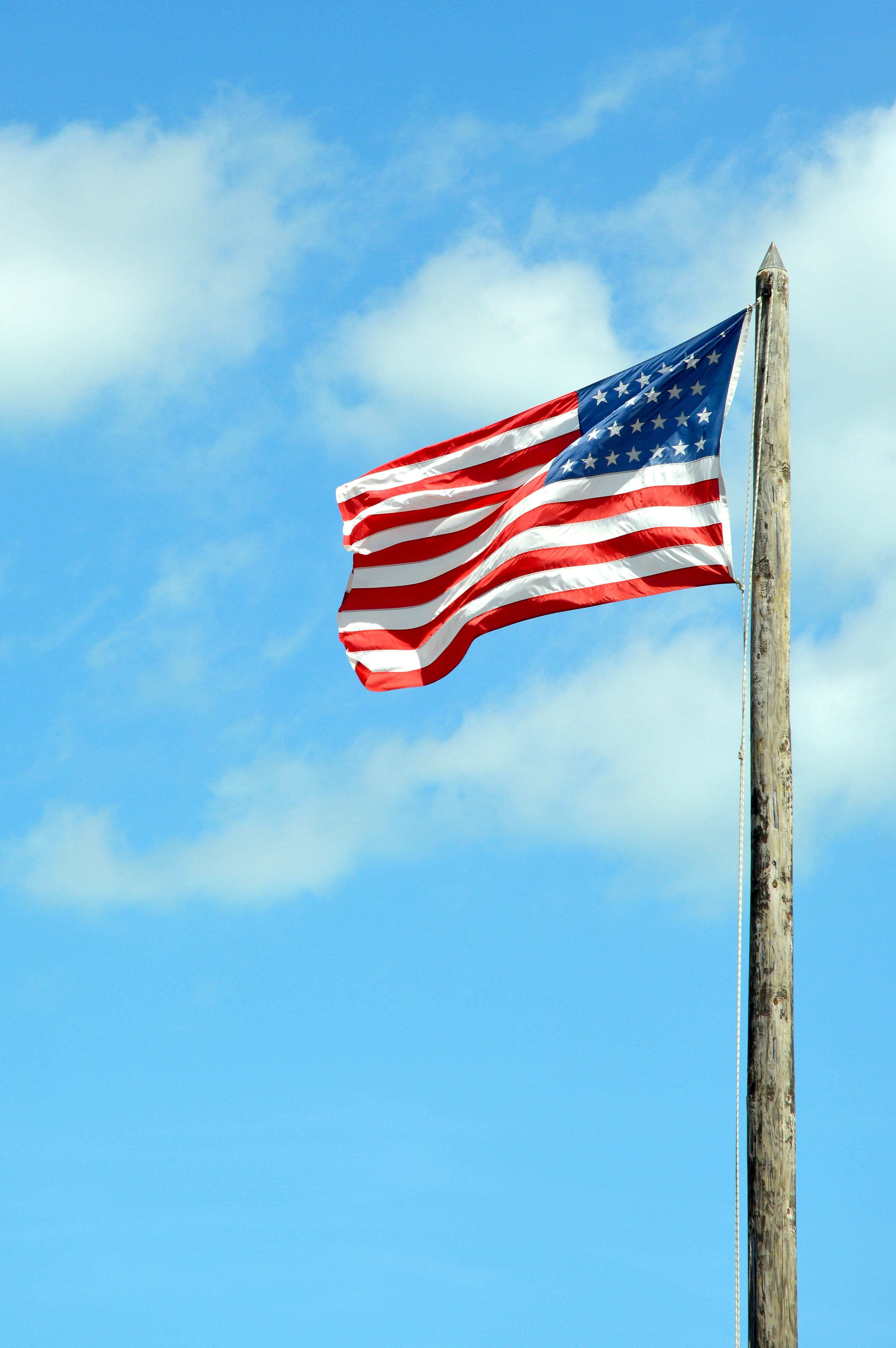 day, usa, american flag, 4K, no people, blue, striped, outdoors, environment, red, nature, american, independence, star shape, wind, waving, low angle view, Phone HD Wallpaper