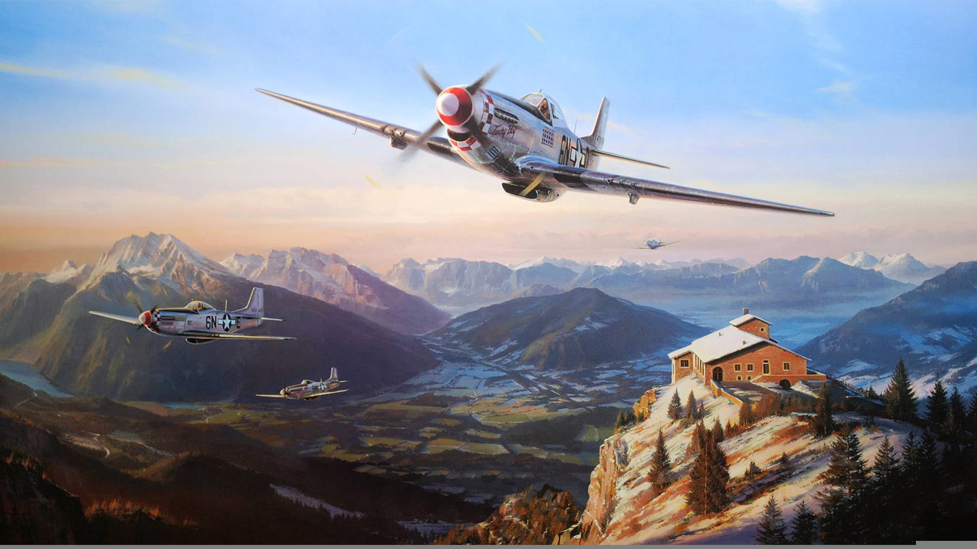 flying, North American P-51 Mustang, mode of transportation, airplane, transportation, art, above, fighter, nature, mid-air, aerospace industry, day, architecture, HD Wallpaper