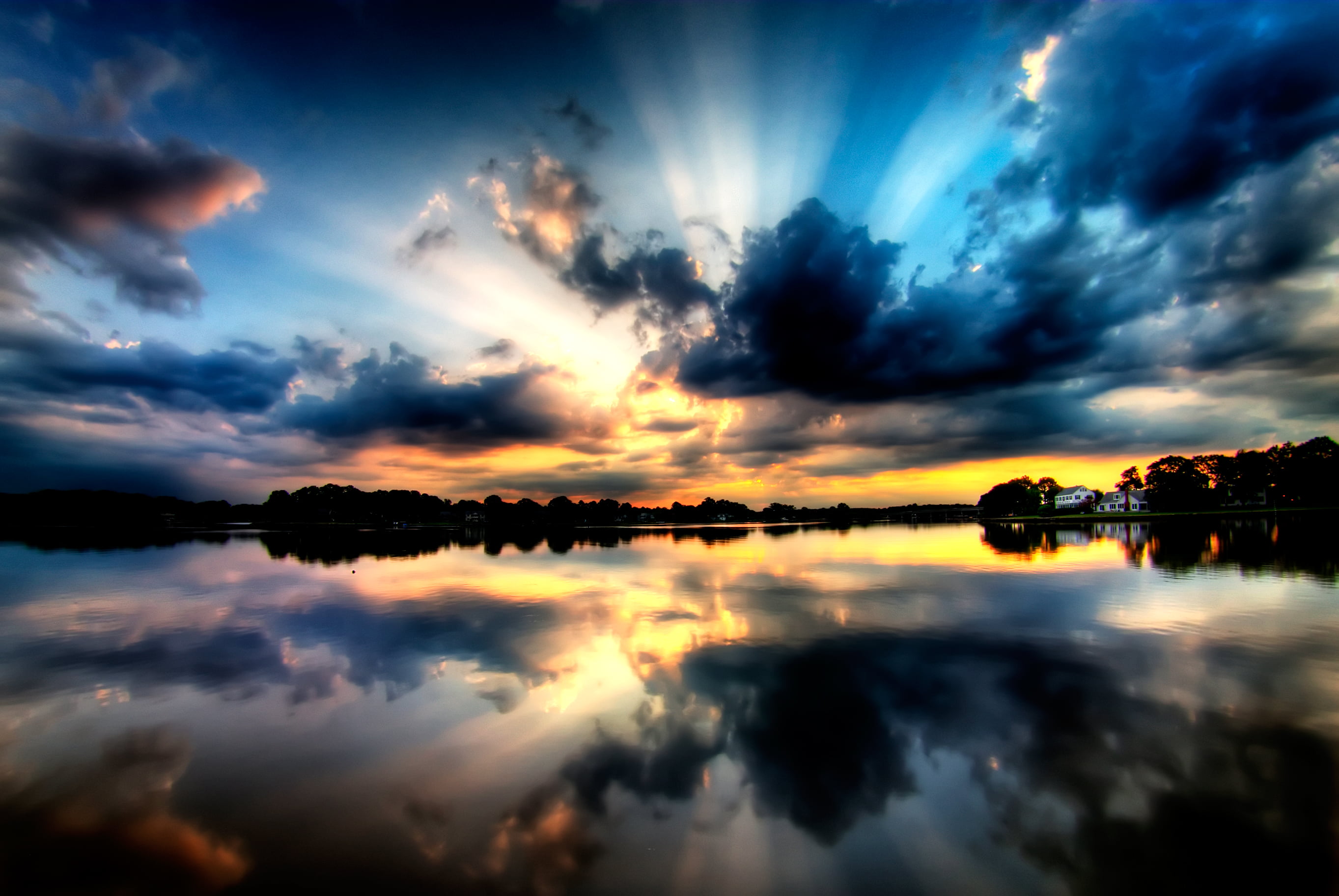 dawn, blue, body, fisheye, water, sun, SOE, lake, Nocturnal, HDR, beauty In Nature, nature, cloudscape, sea, sunset, sunlight, landscape, summer, Masterpiece, HD Wallpaper