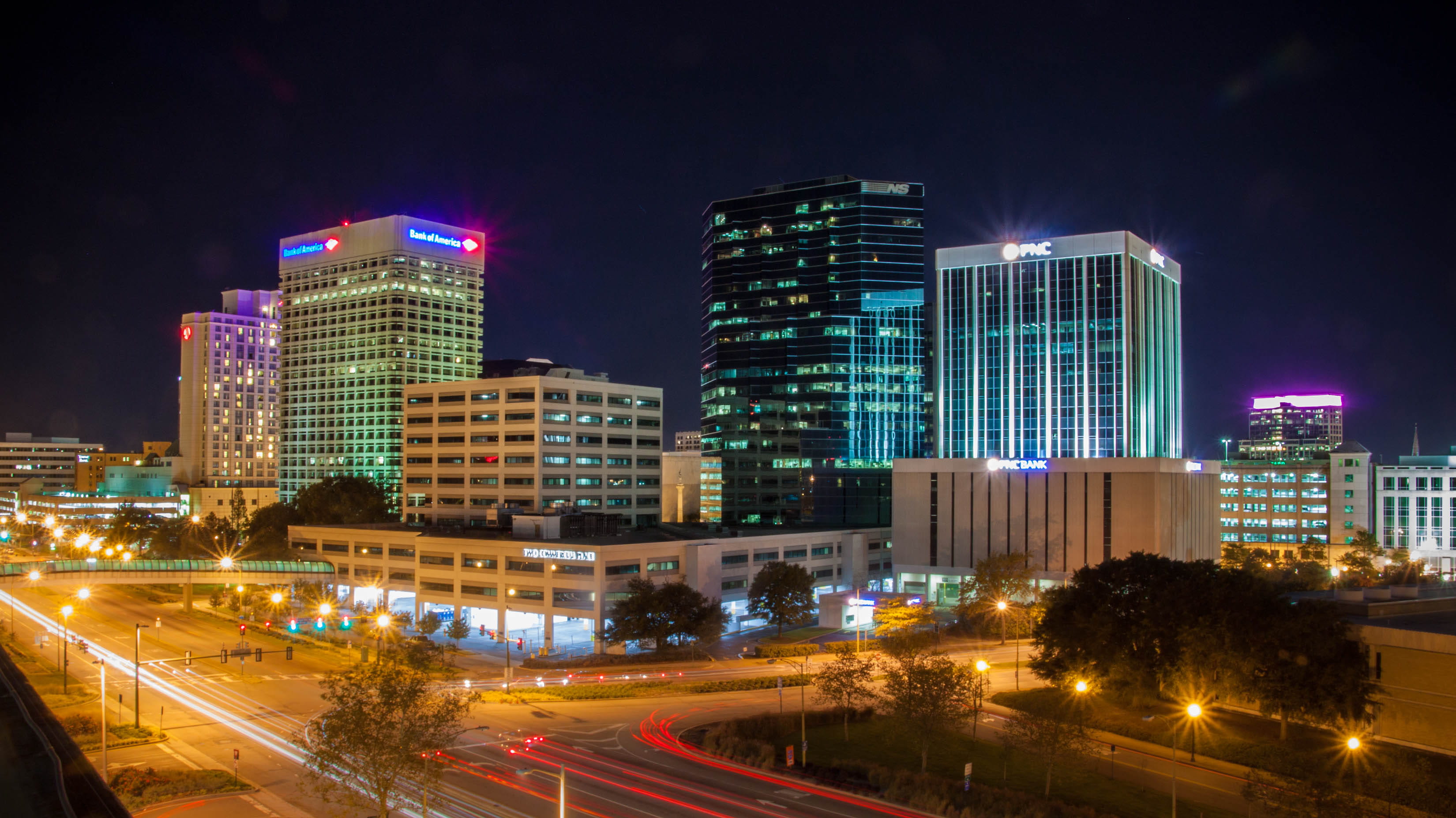 2K, outdoors, cityscape, road, motion, modern, norfolk, downtown, built structure, 757, skyscraper, virginia, no people, night time, urban, transportation, HD Wallpaper