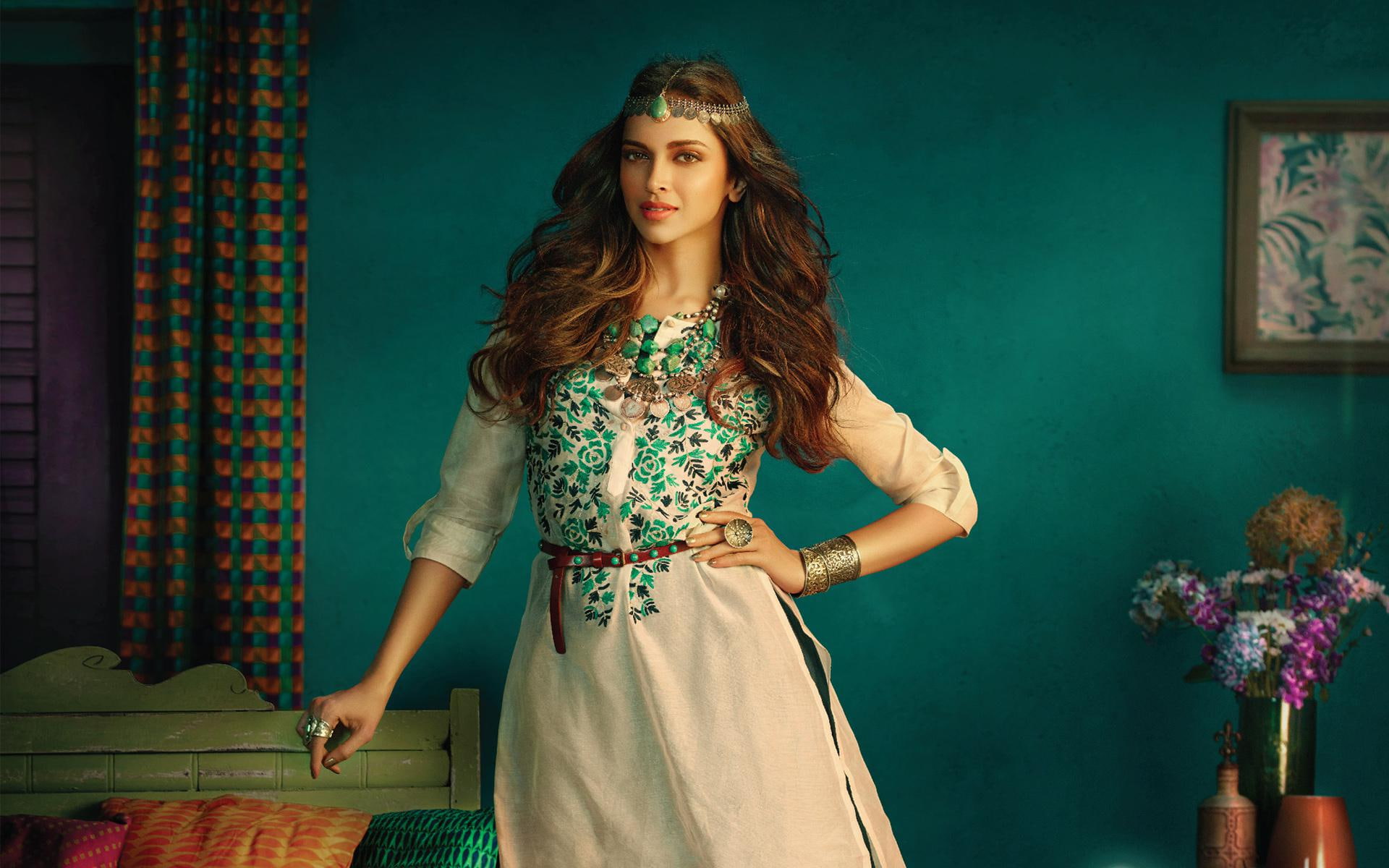 print, 1080P, padukone, s, dress, teal, gray, sleeve, long, indian, women, deepika, floral, actress, HD Wallpaper