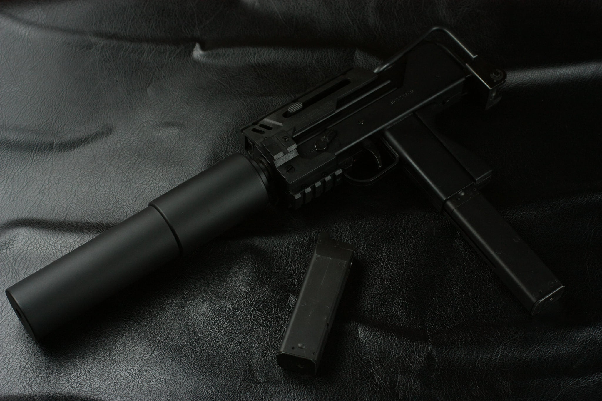 machine gun, communication, MAC-11, protection, ammunition, no people, warning sign, indoors, black, security, violence, muffler, safety, still life, weapon, HD Wallpaper
