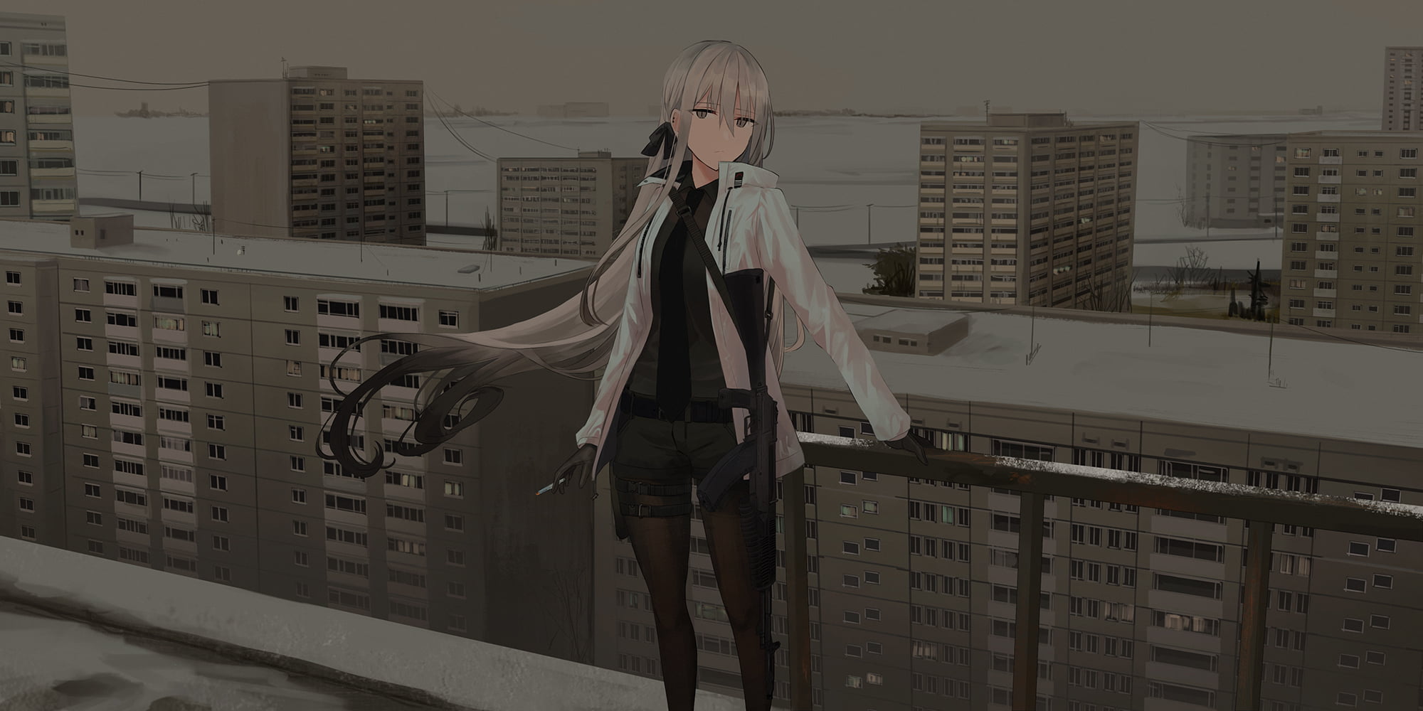 building, short shorts, looking at viewer, 1080P, anime girls, gray eyes, silver hair, cigarettes, pantyhose, drawing, women, tie, machine gun, weapon, HD Wallpaper